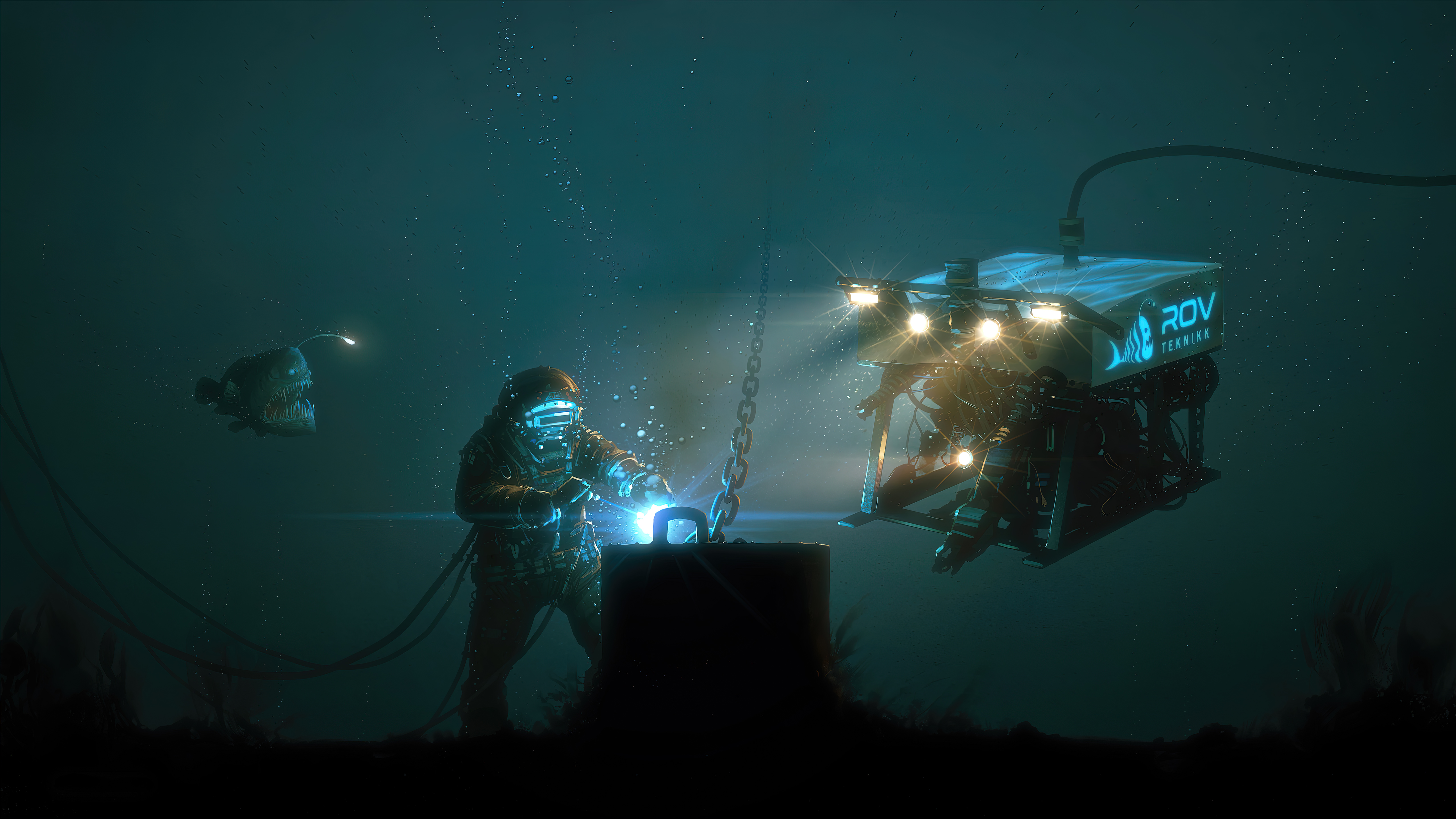Diver welding underwater near ROV and anglerfish HD Wallpaper