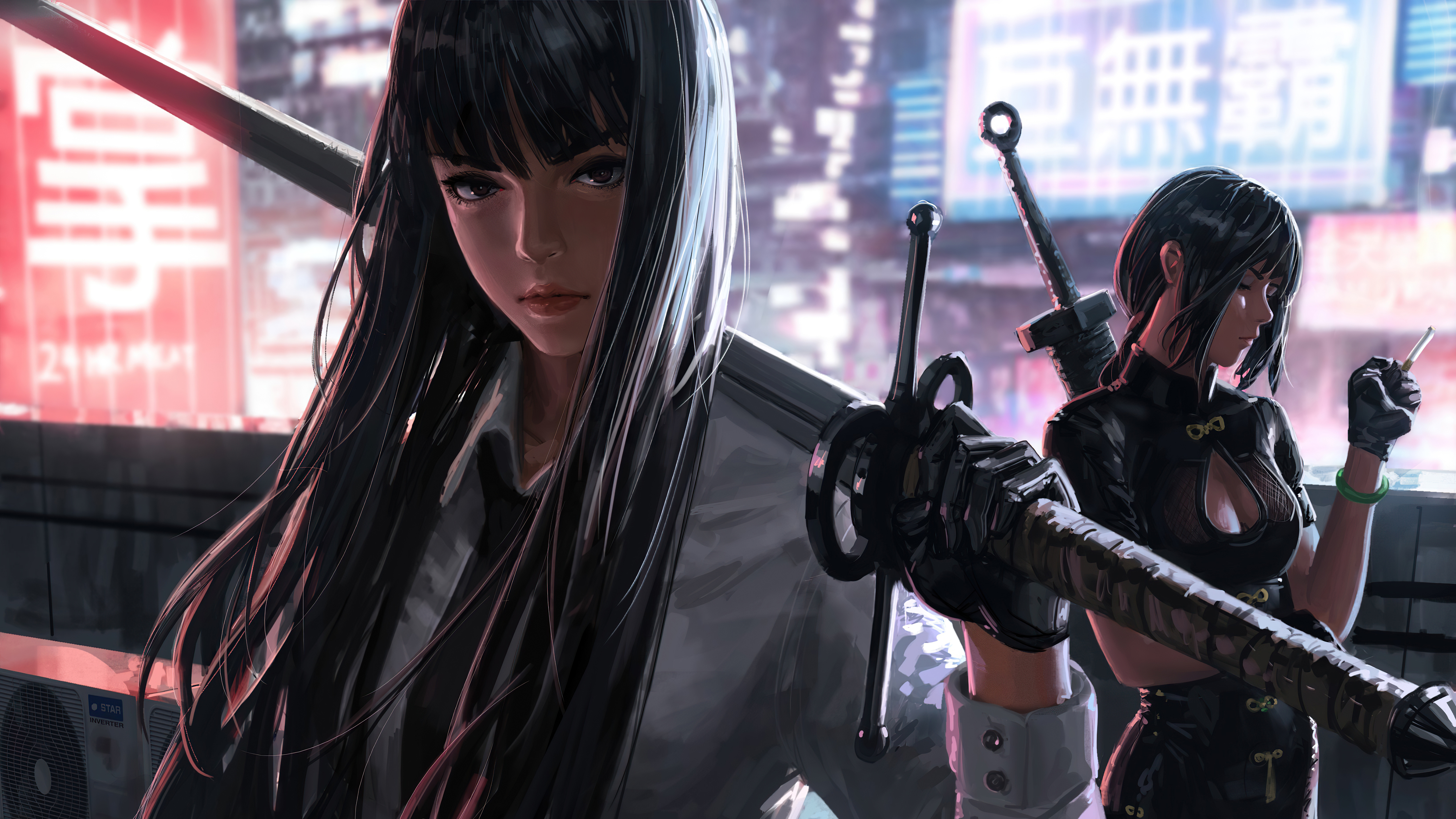 Two female warriors with swords in a futuristic city HD Wallpaper