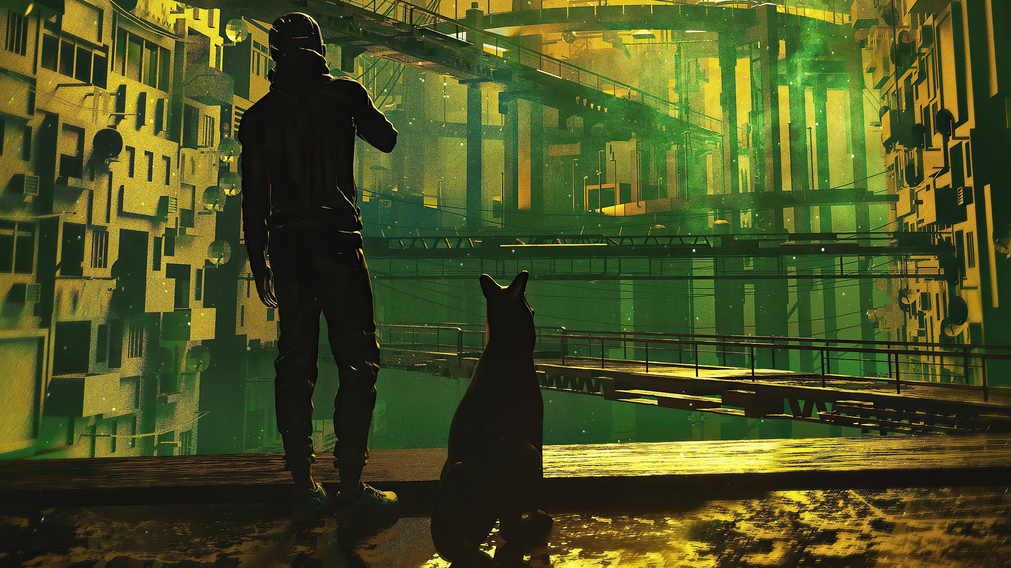 Man and dog in a futuristic city HD Wallpaper