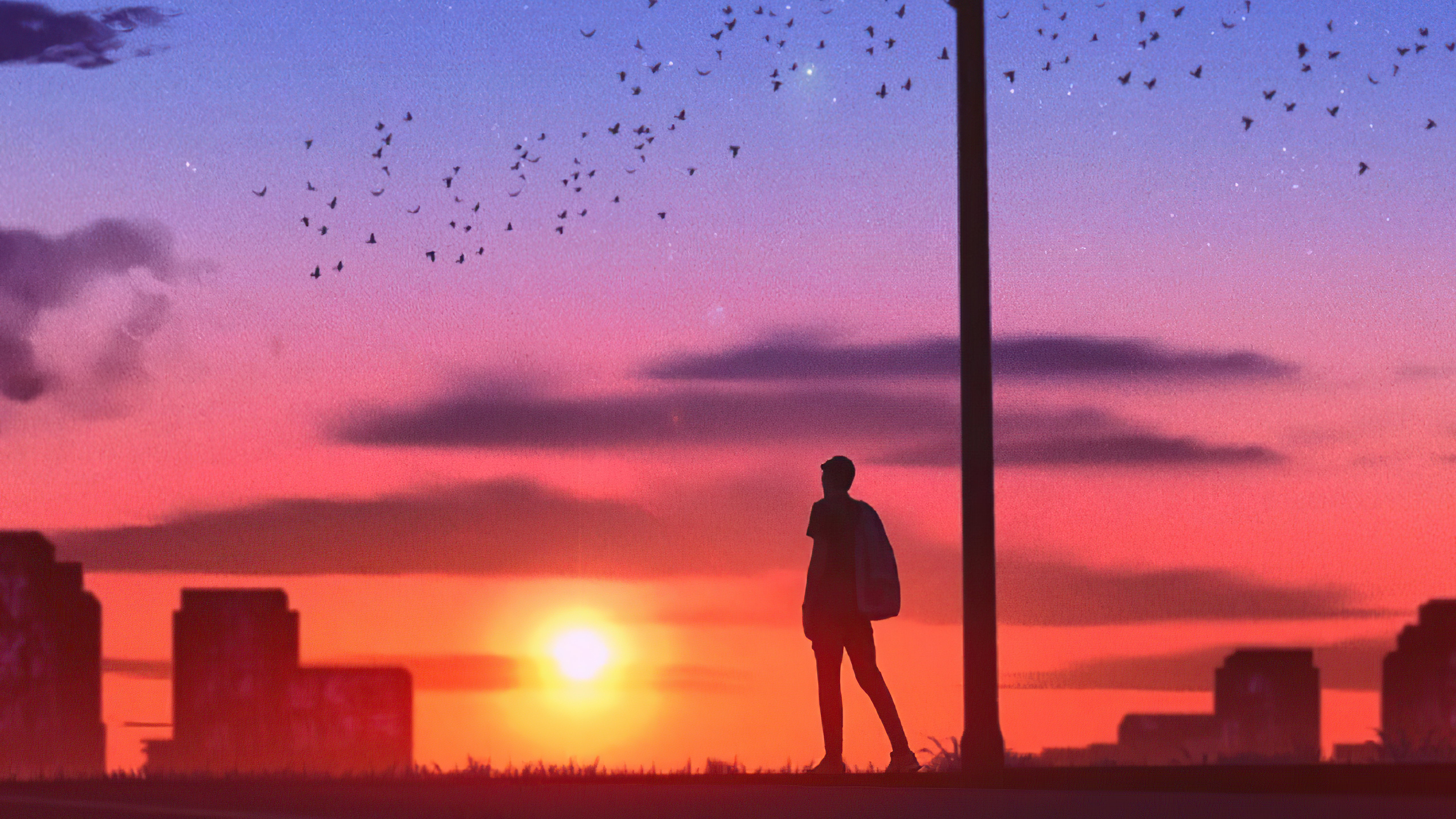 Silhouette of a person standing by a lamppost at sunset with birds flying HD Wallpaper