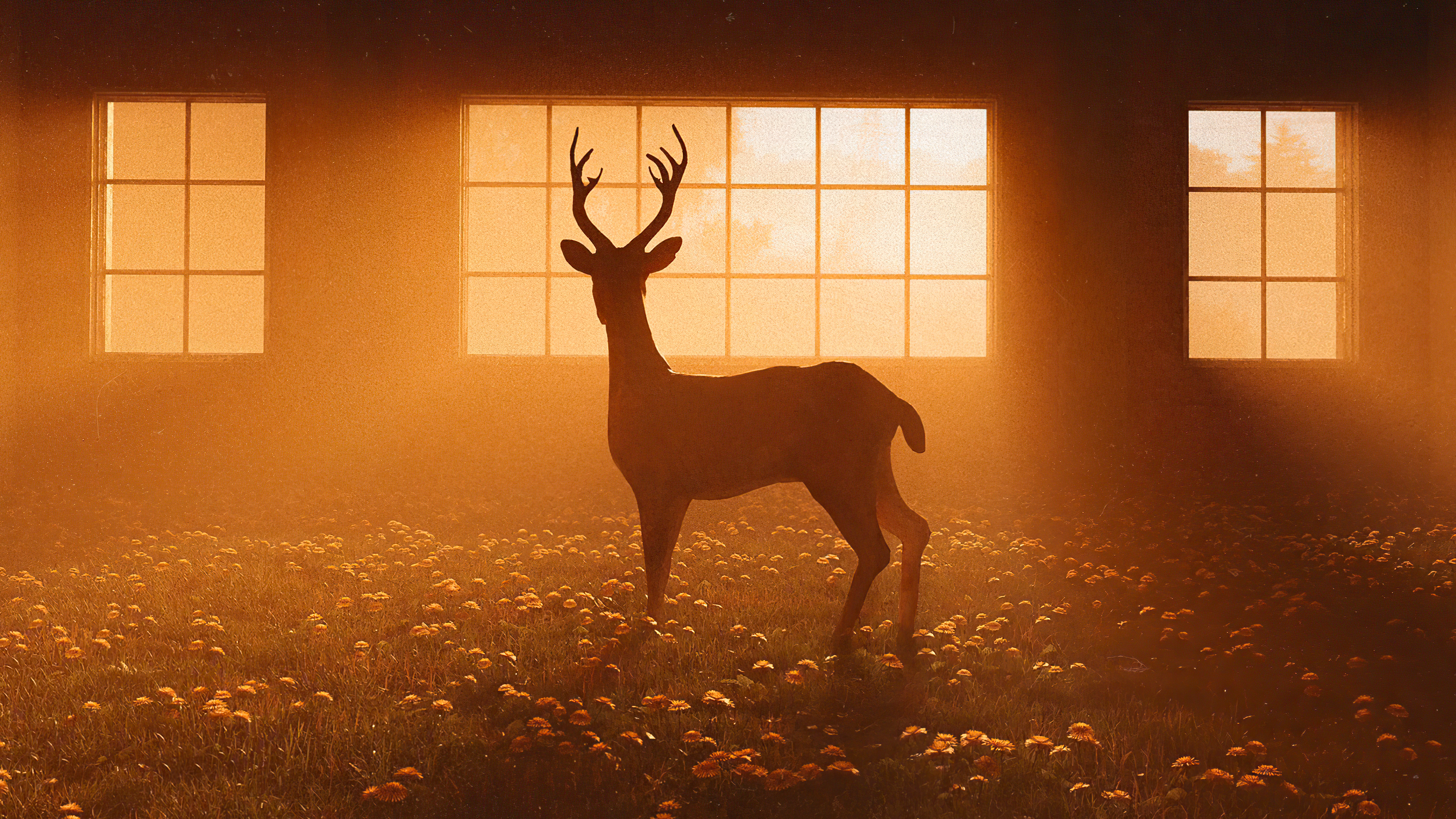 Deer in a sunlit room with flowers HD Wallpaper
