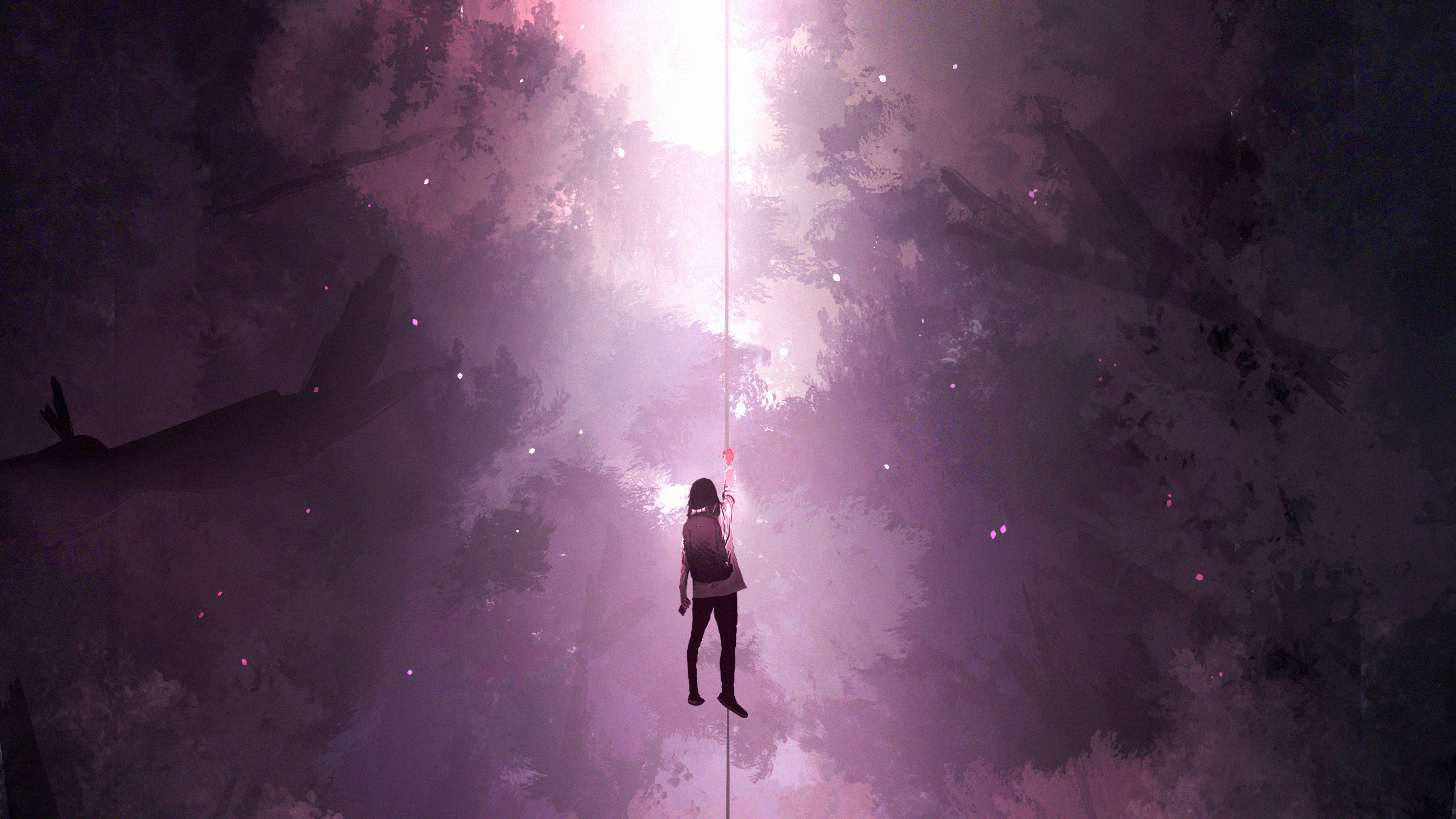 Girl on a rope in a forest 4K HD Wallpaper