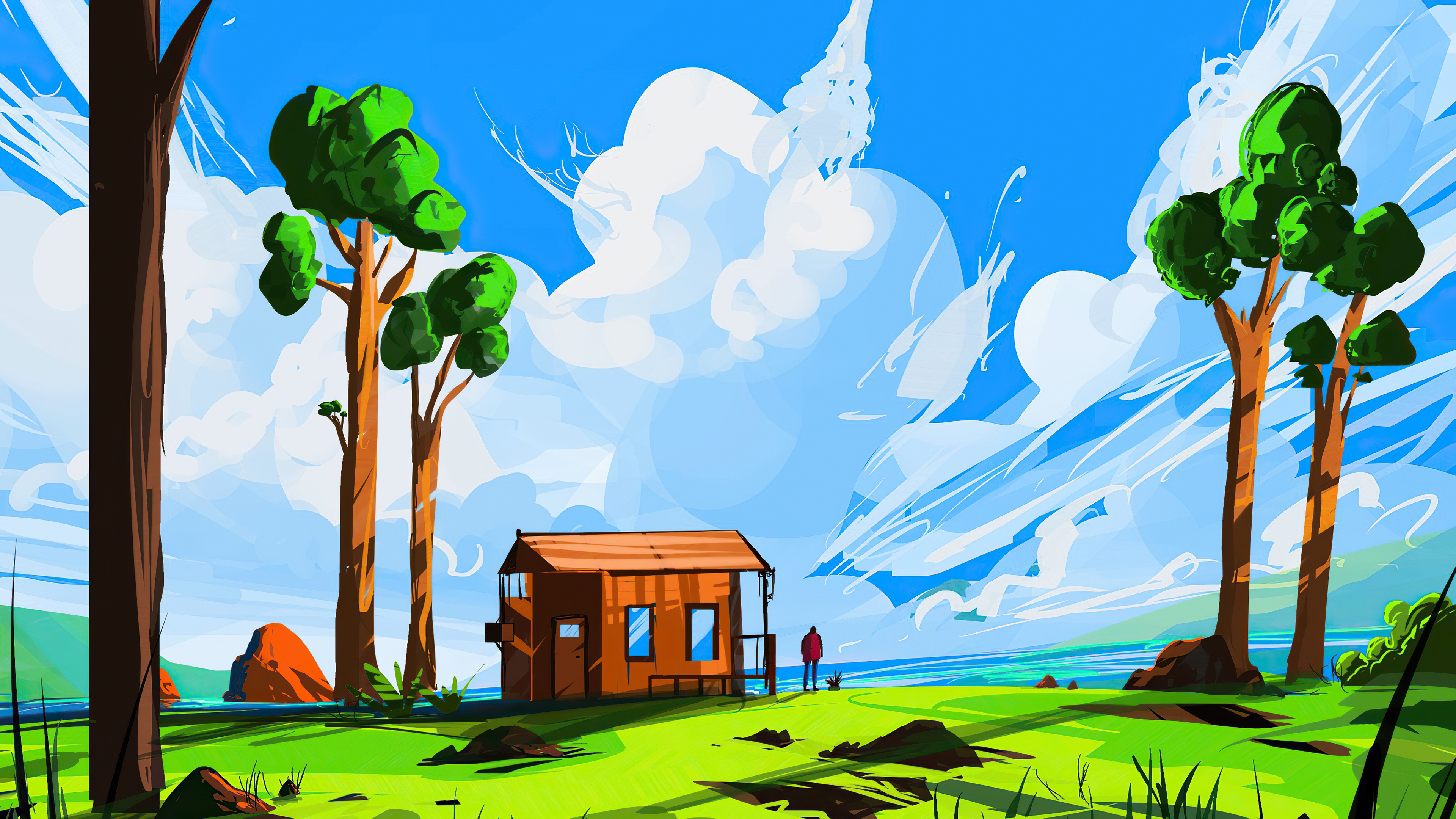Digital art of a house by the water HD Wallpaper