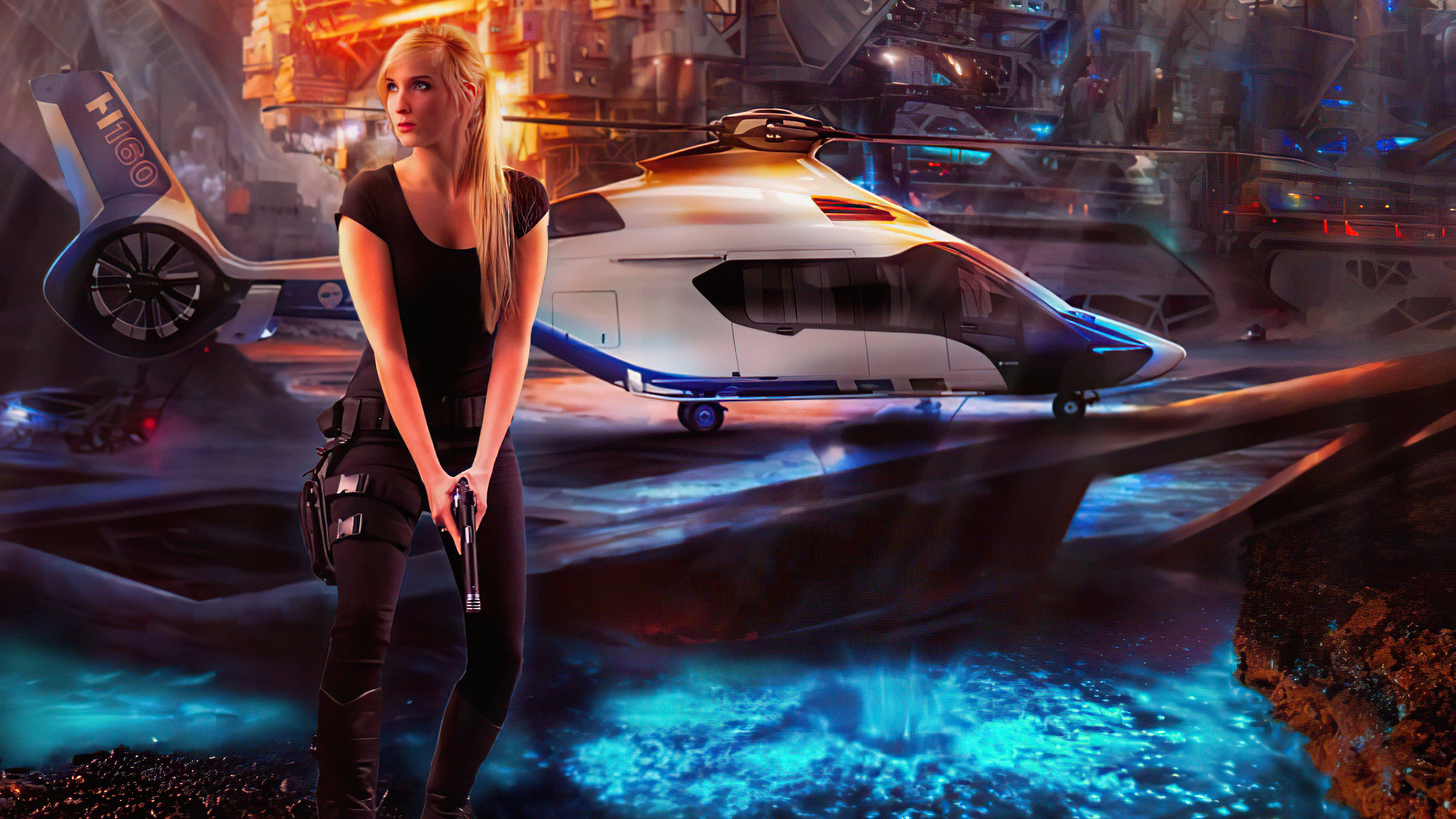 Woman with gun in scifi city with helicopter HD Wallpaper