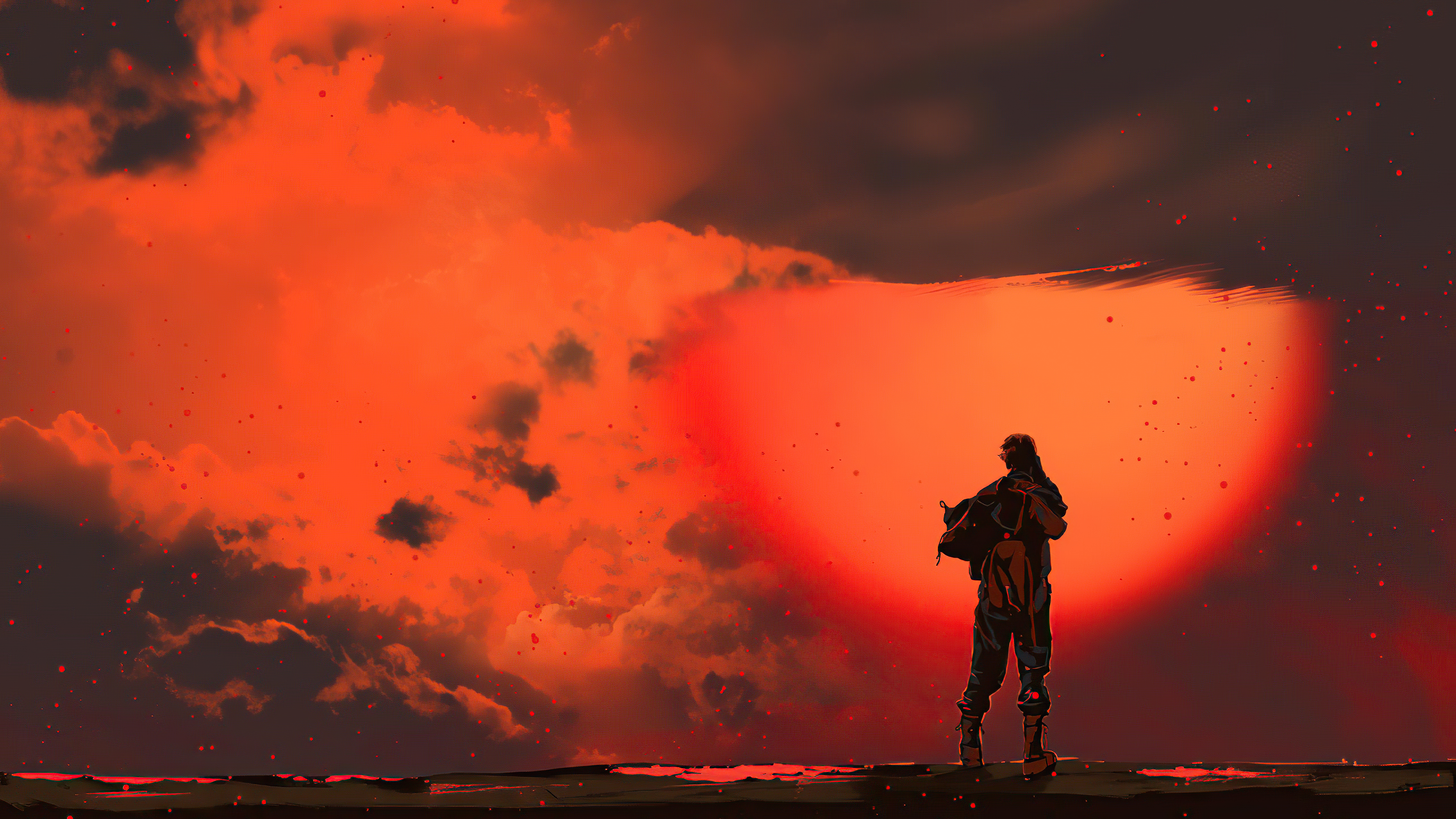 Person standing in front of a large red sun and orange clouds HD Wallpaper