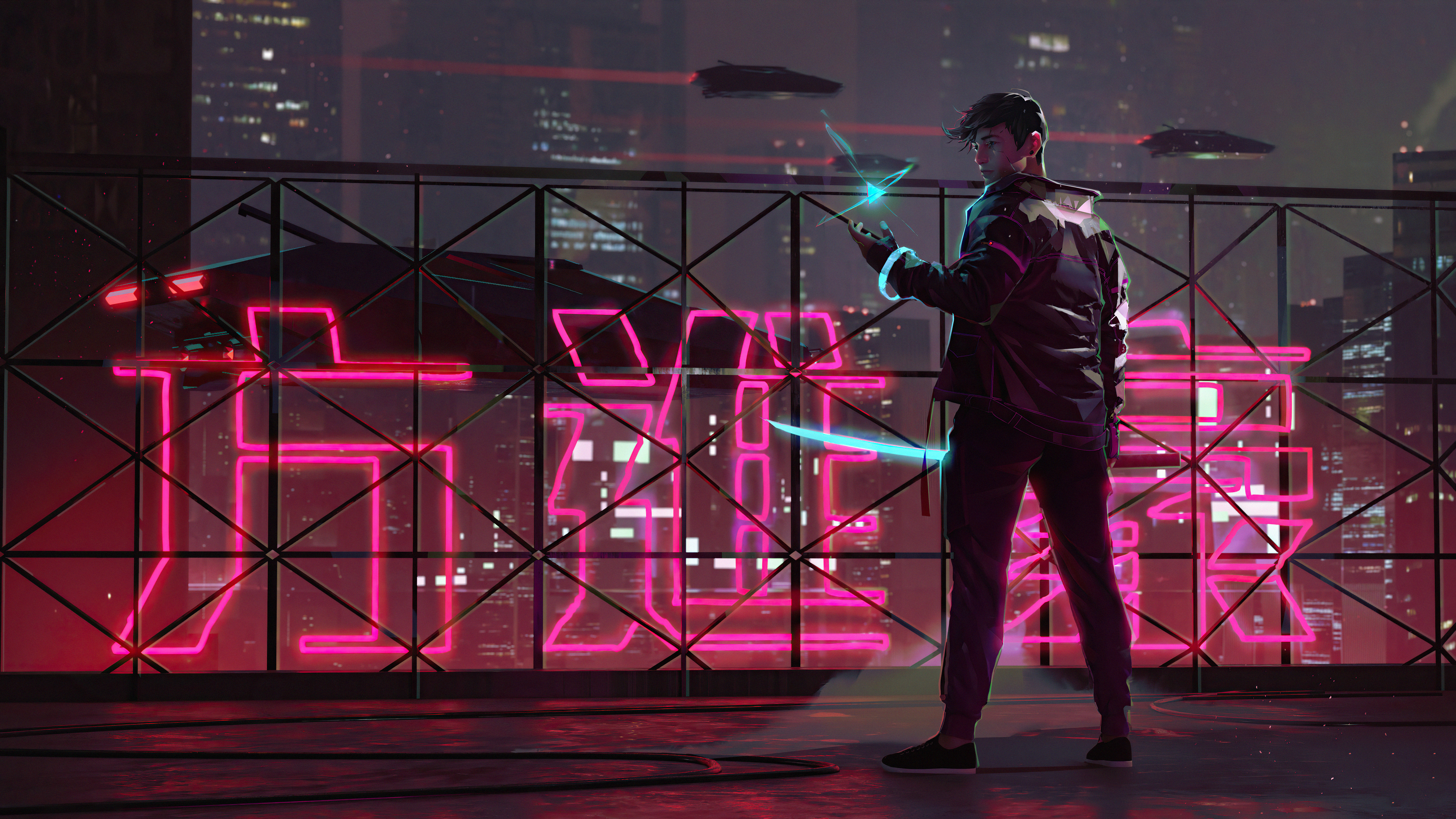 Cyberpunk man with glowing sword on rooftop HD Wallpaper