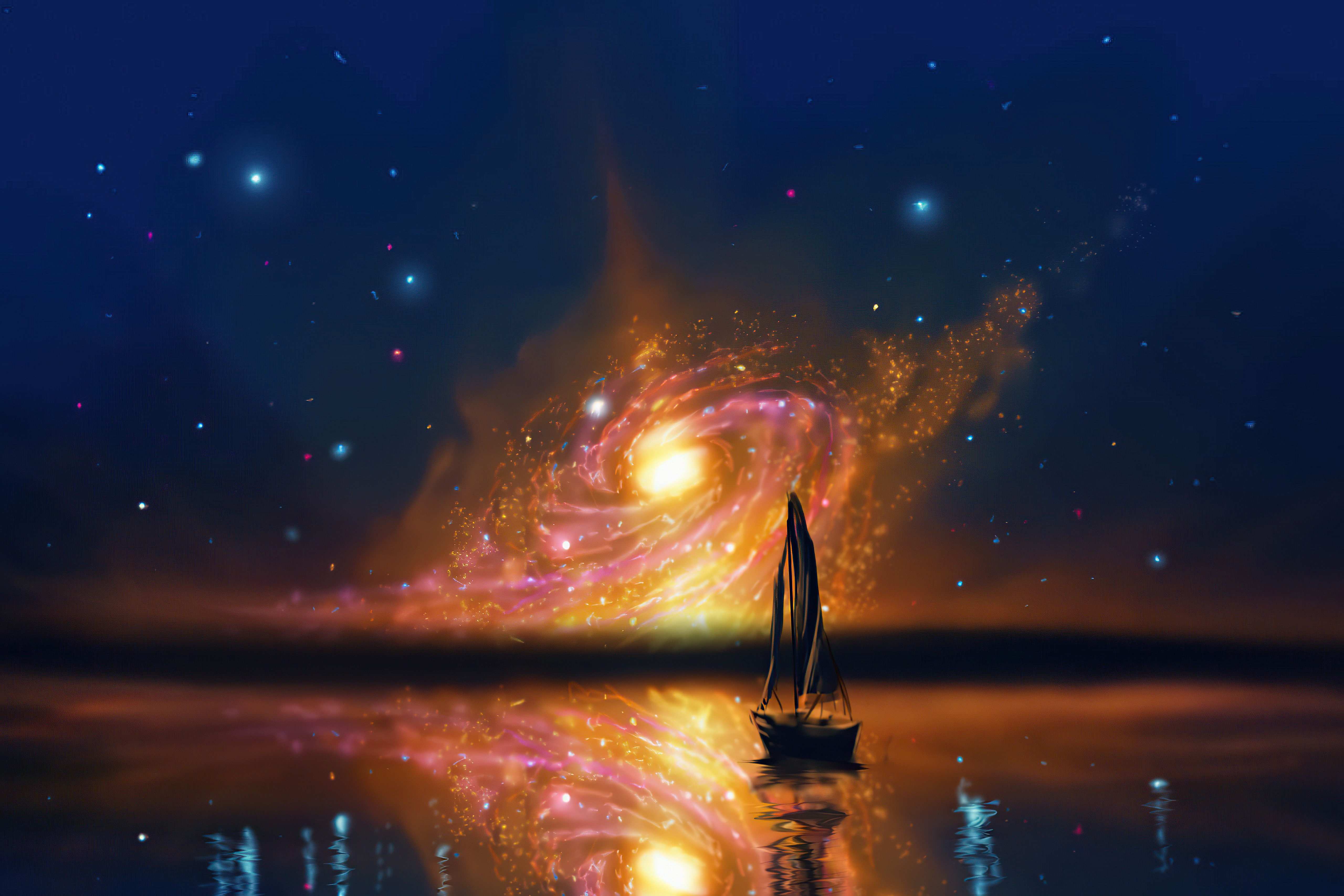Sailboat in front of a galaxy reflection HD Wallpaper