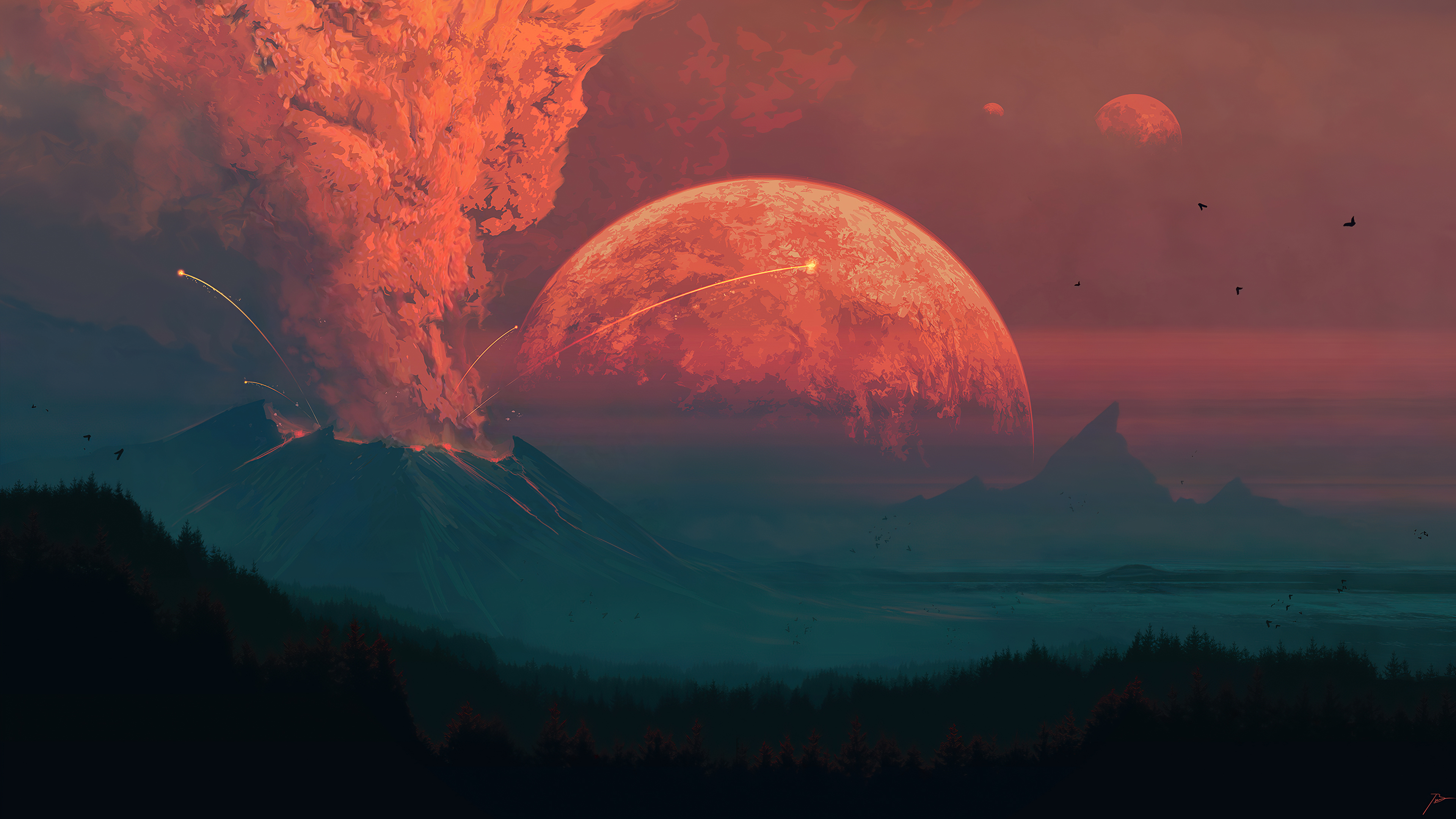 Volcanic Eruption with Multiple Moons HD Wallpaper
