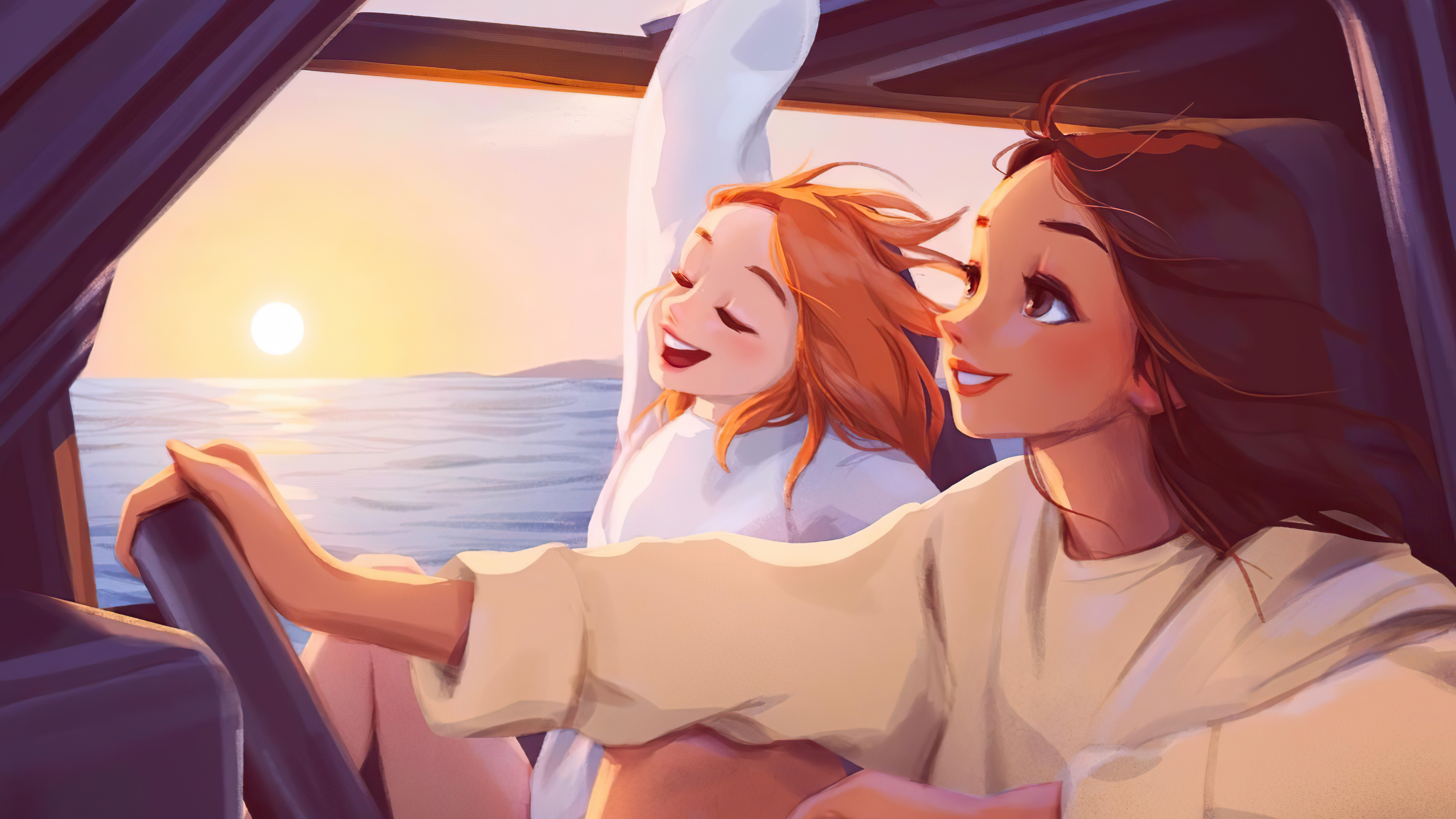 Two girls in a car watching the sunset over the ocean HD Wallpaper