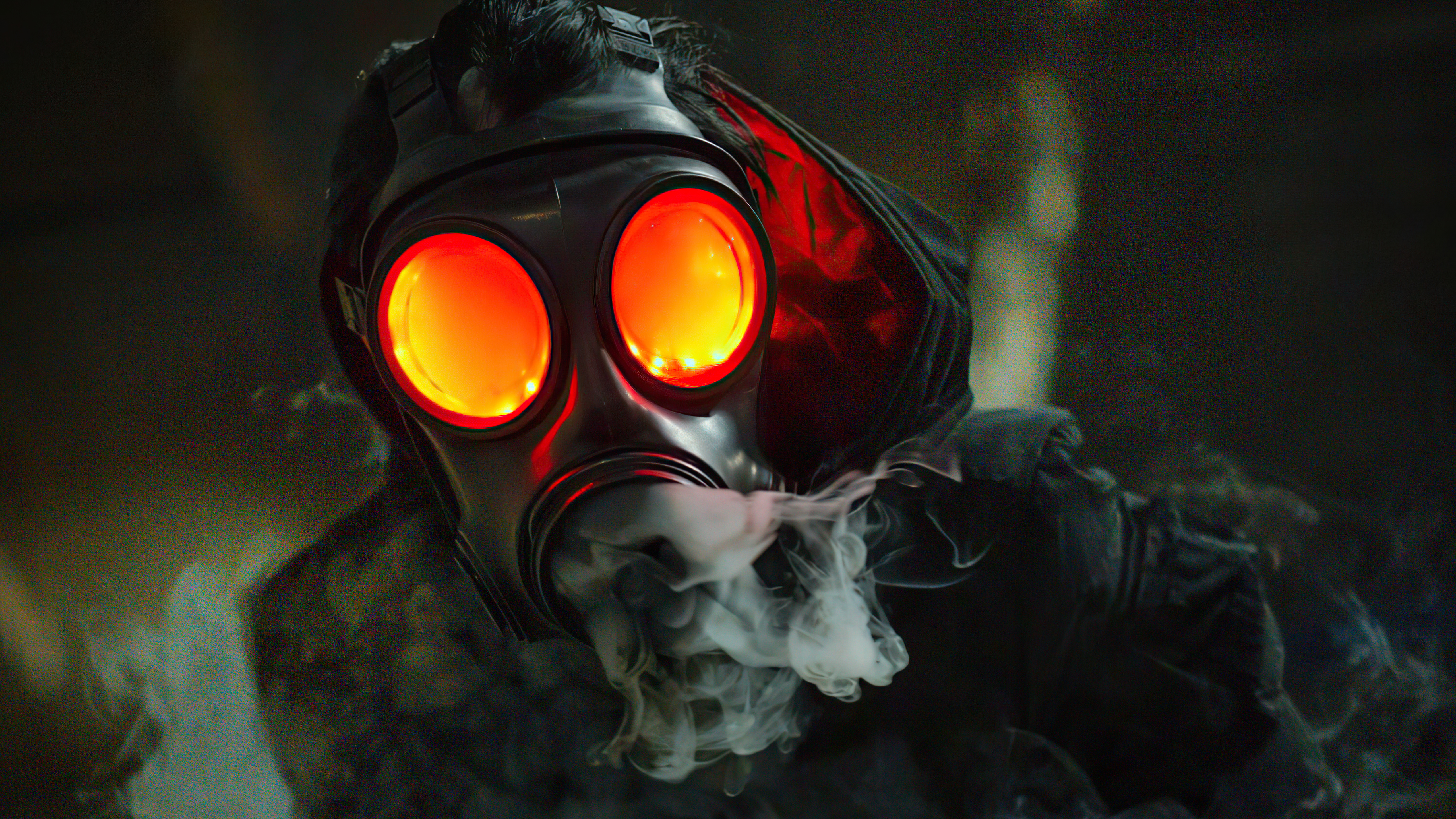 Person in gas mask with glowing red eyes and smoke HD Wallpaper