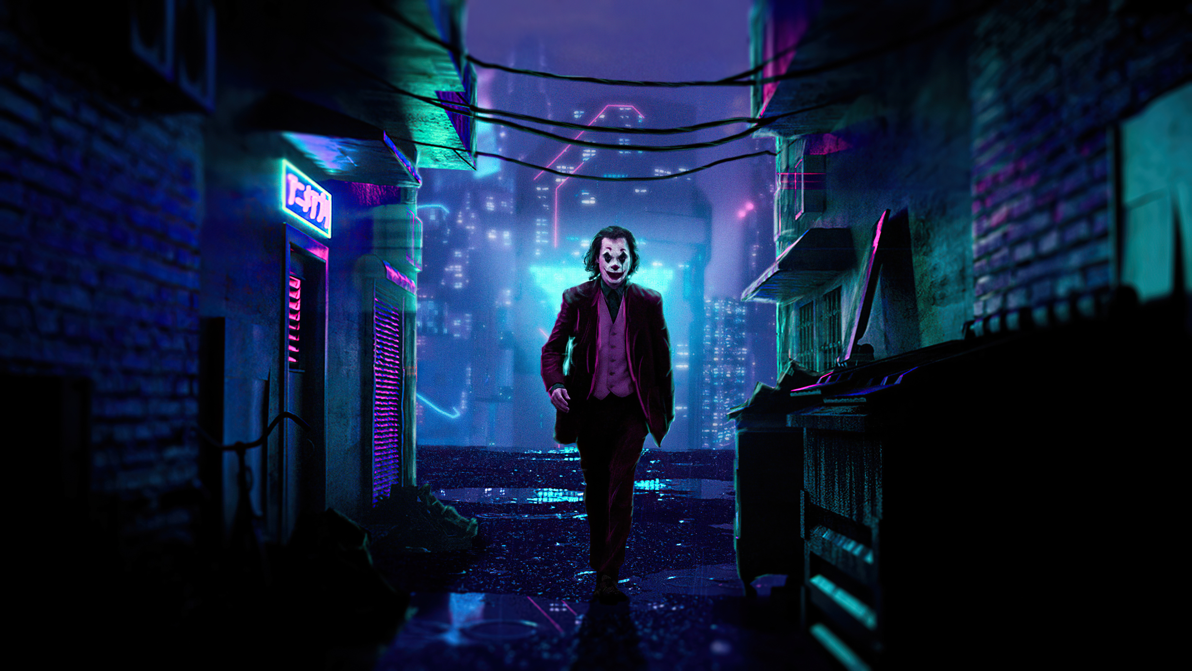 Joker walking in a neon-lit alley 4K HD Wallpaper