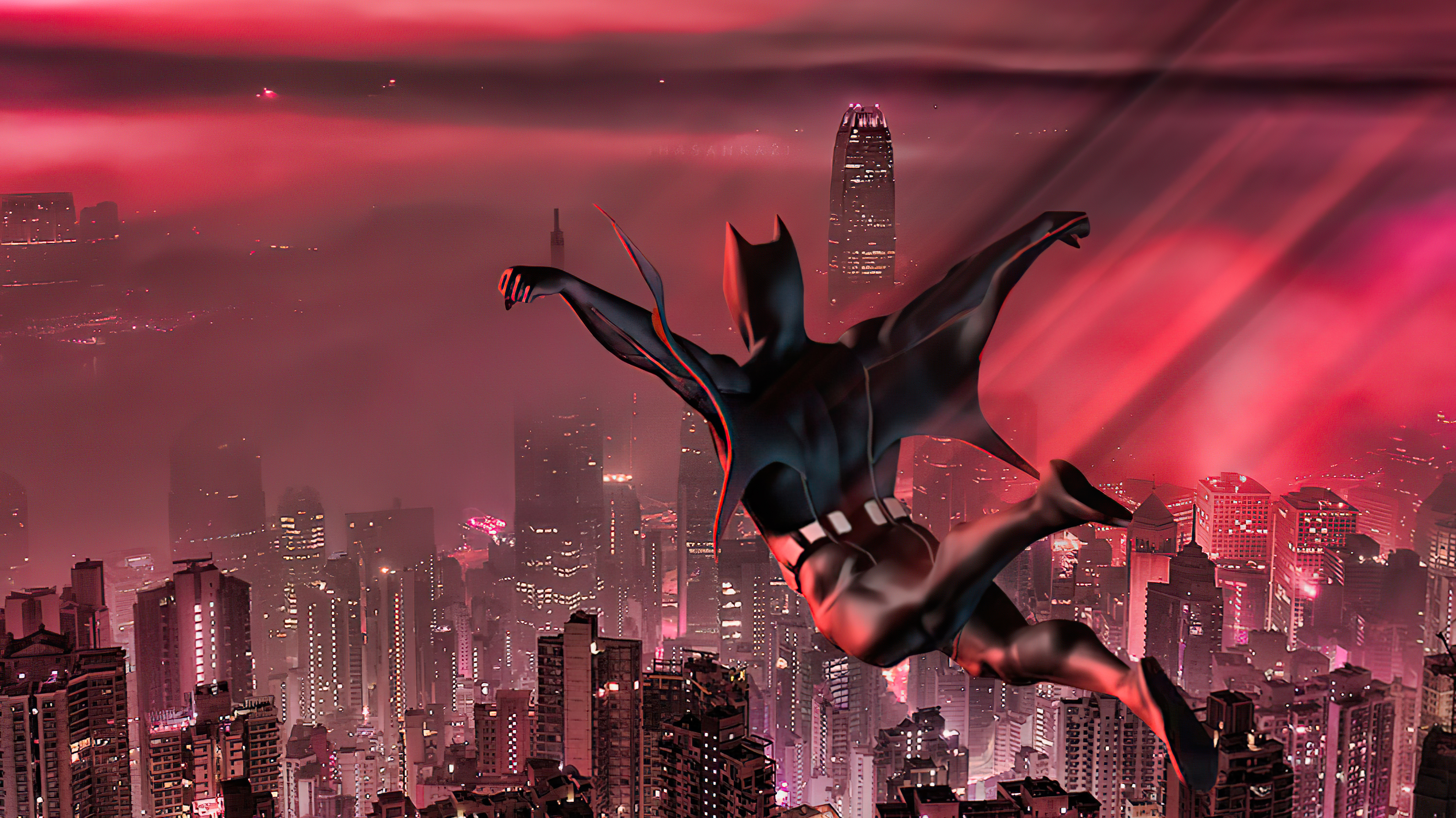 Batman Beyond flying over a foggy city at night HD Wallpaper