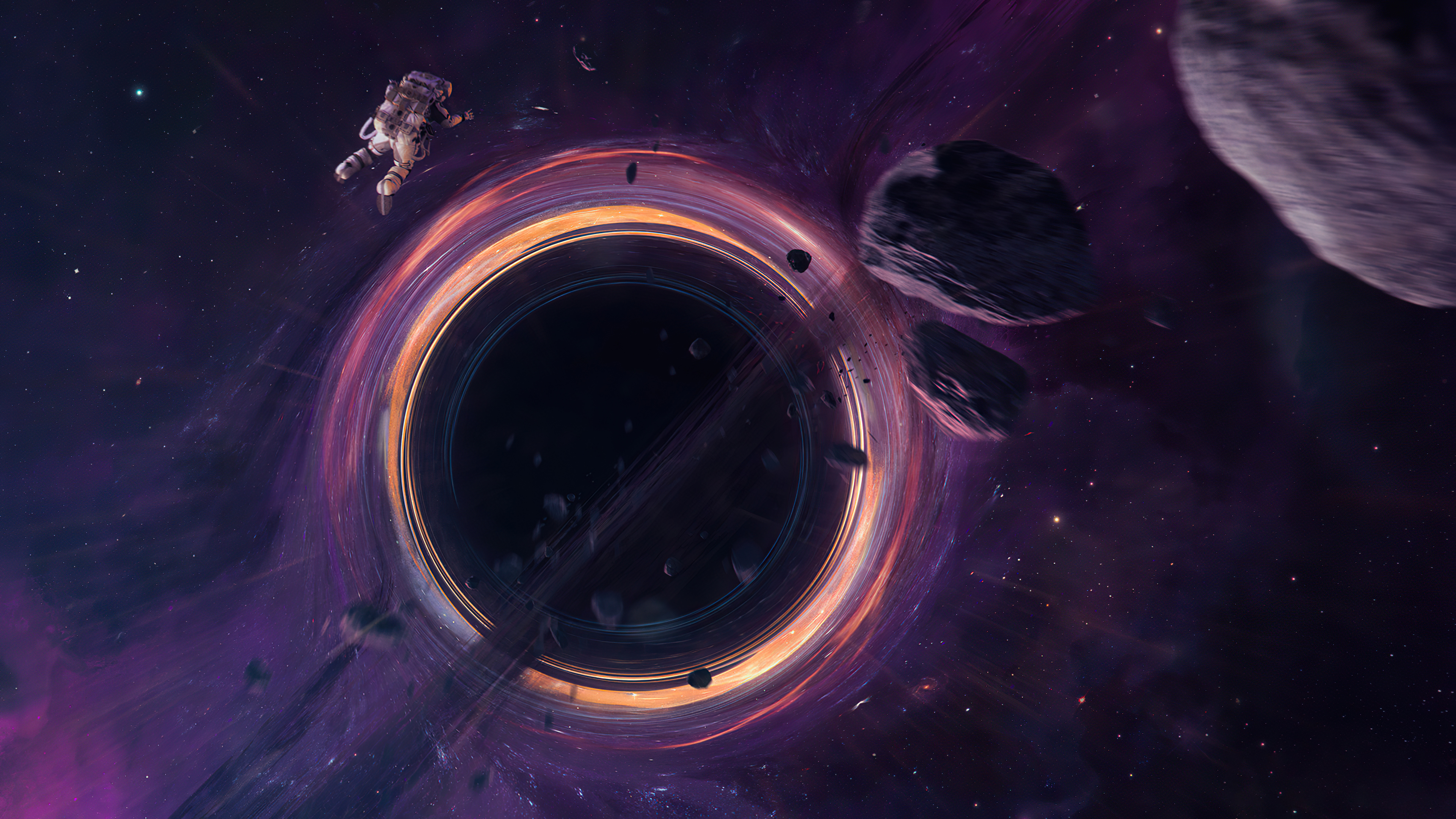 Astronaut near a black hole with asteroids HD Wallpaper