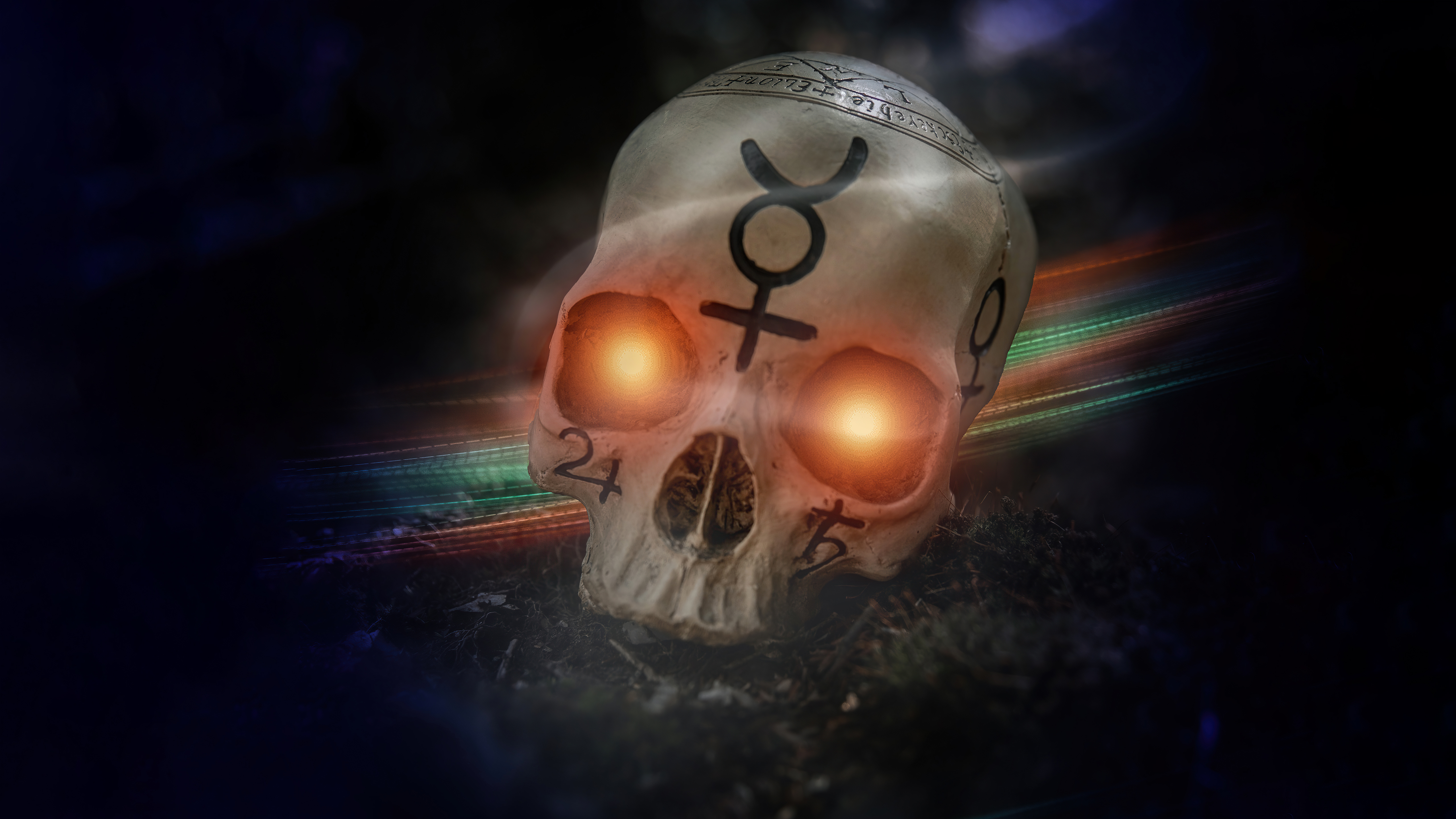 Digital art of a skull with occult symbols HD Wallpaper