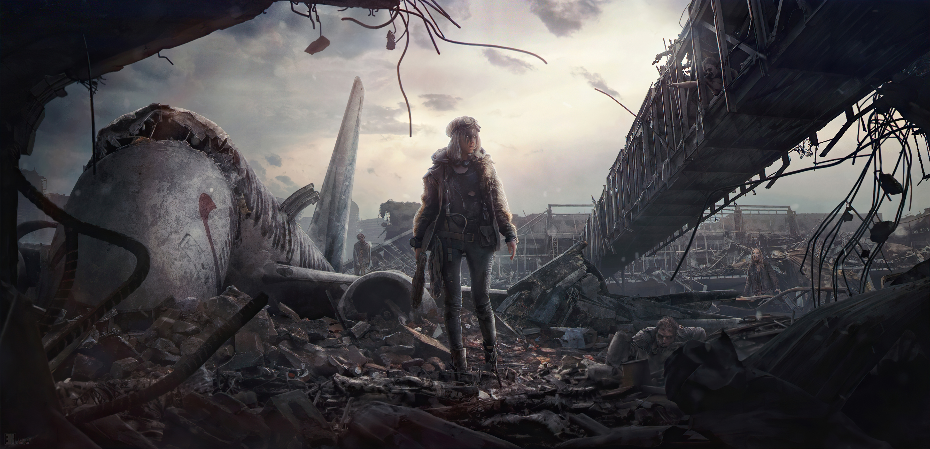 Apocalypse scene with a woman and destroyed airplane HD Wallpaper