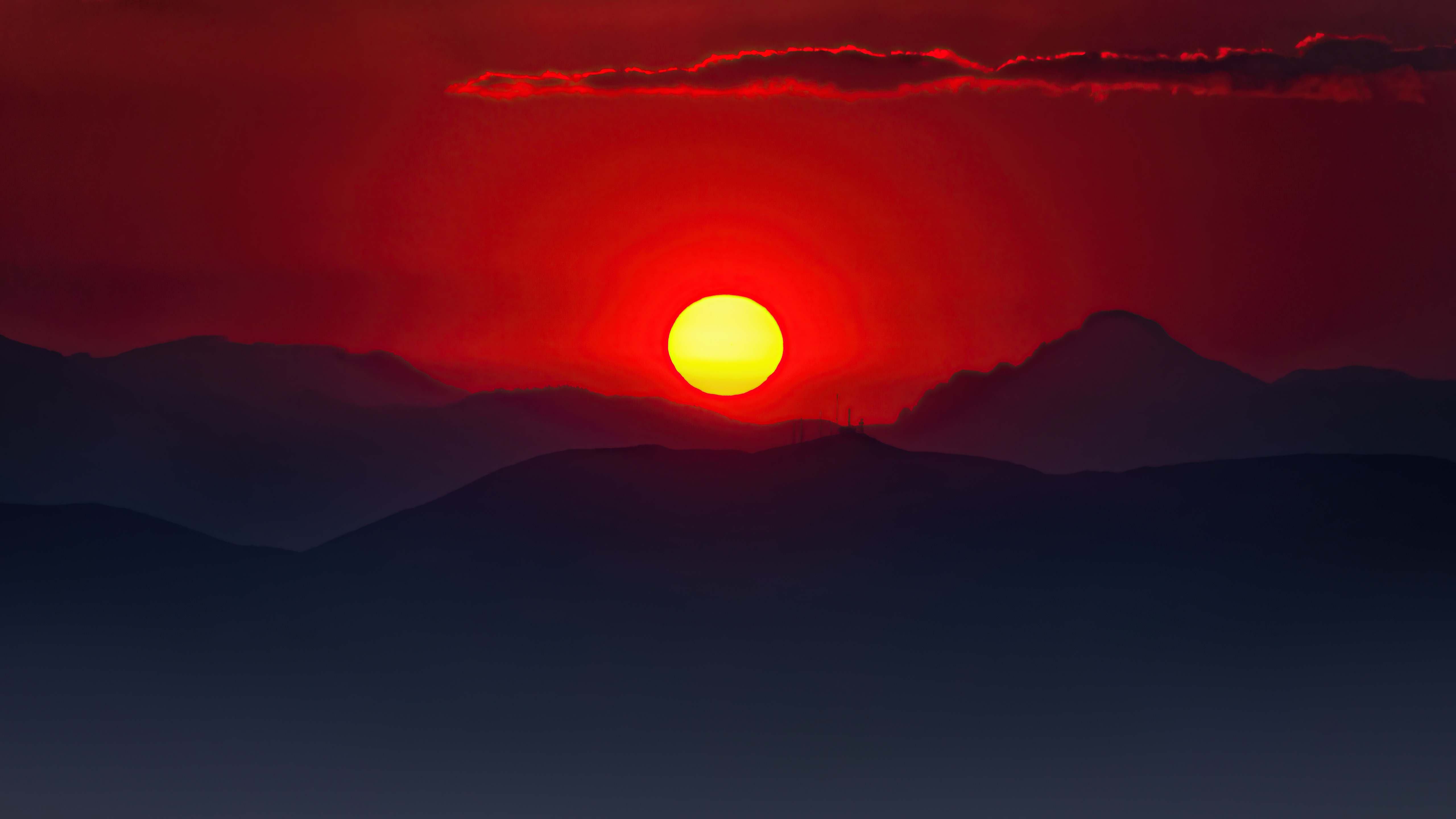 Sunset over mountains with red sky HD Wallpaper