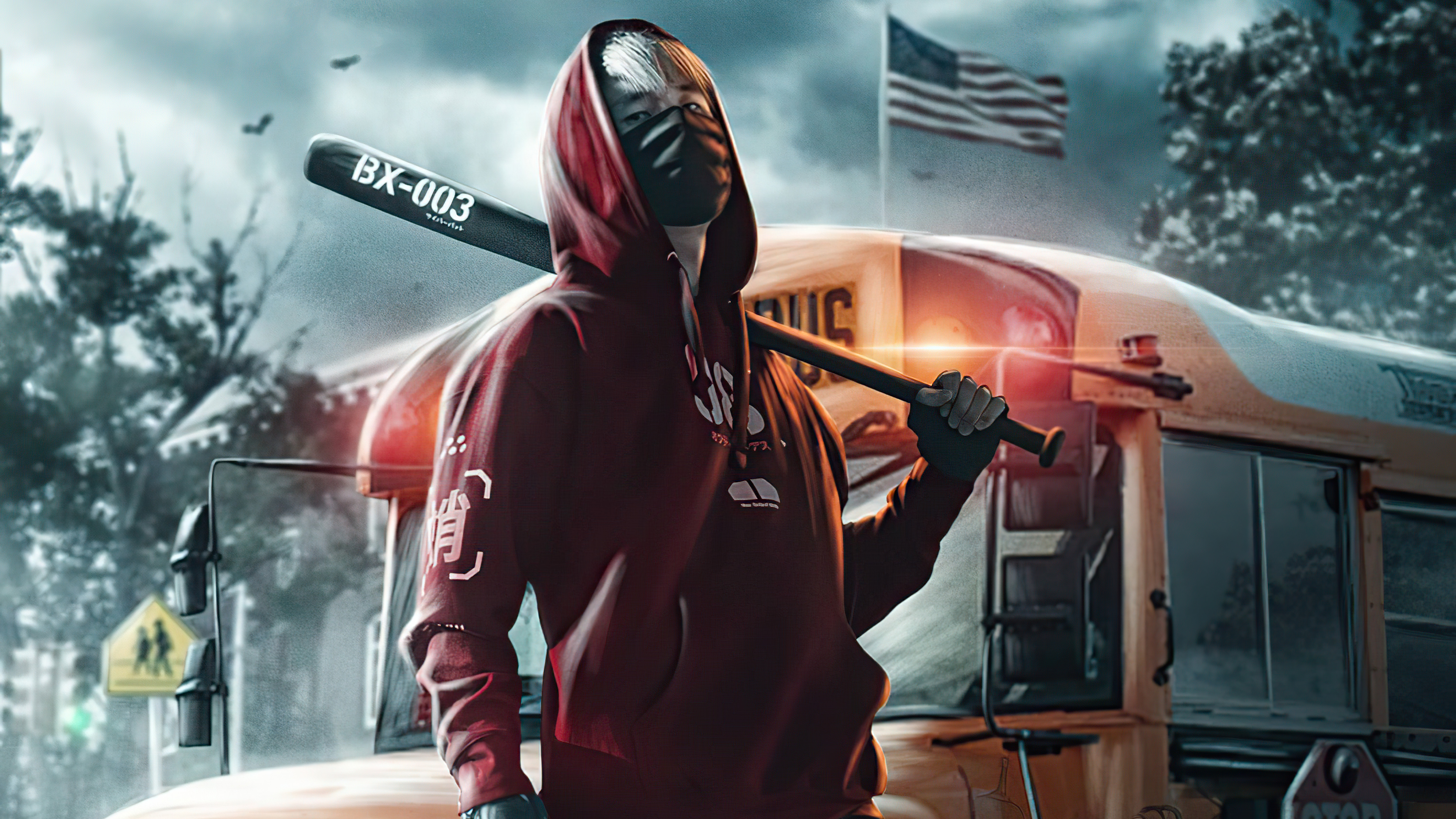 Artwork of a person with a baseball bat and a school bus HD Wallpaper