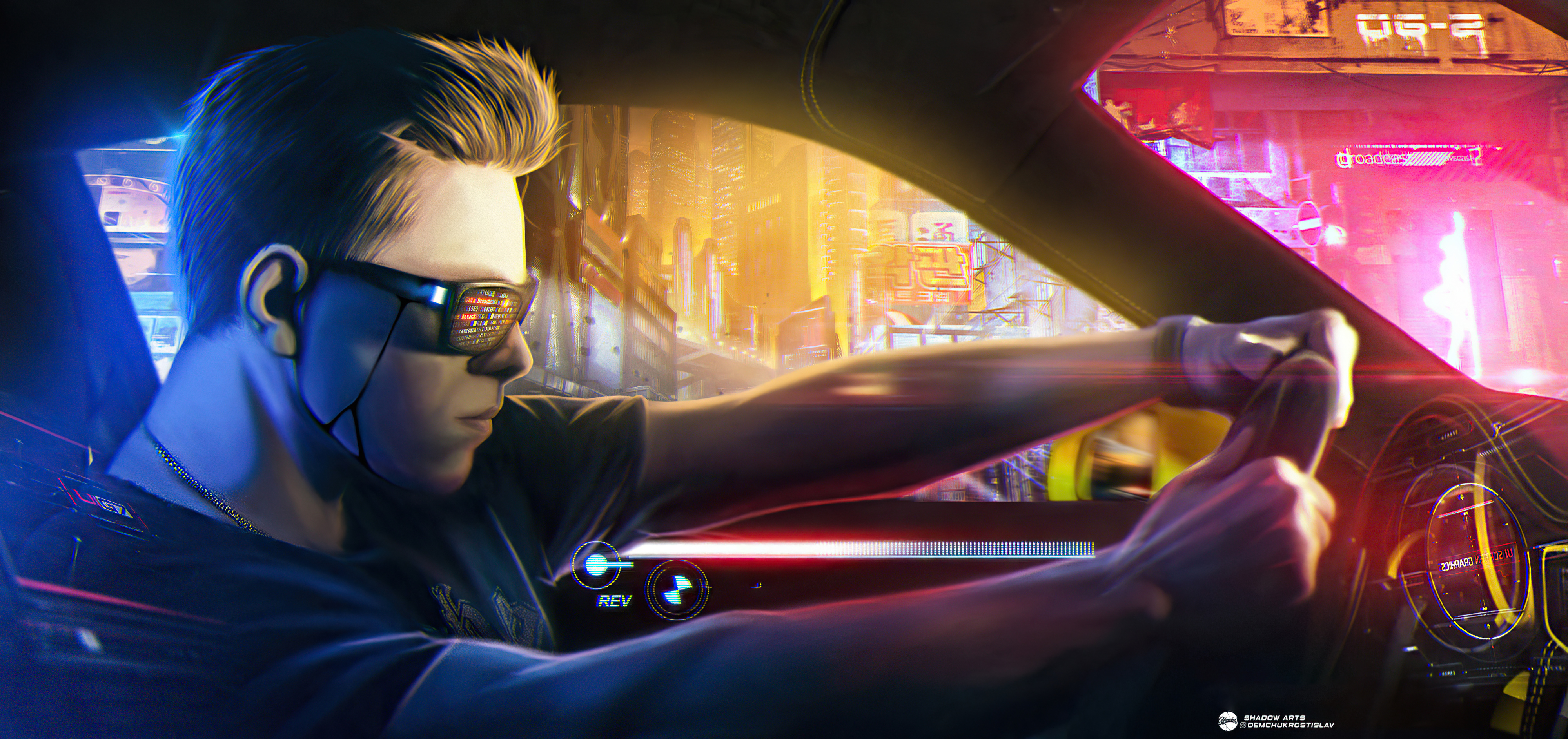 Cyberpunk man driving a futuristic car HD Wallpaper