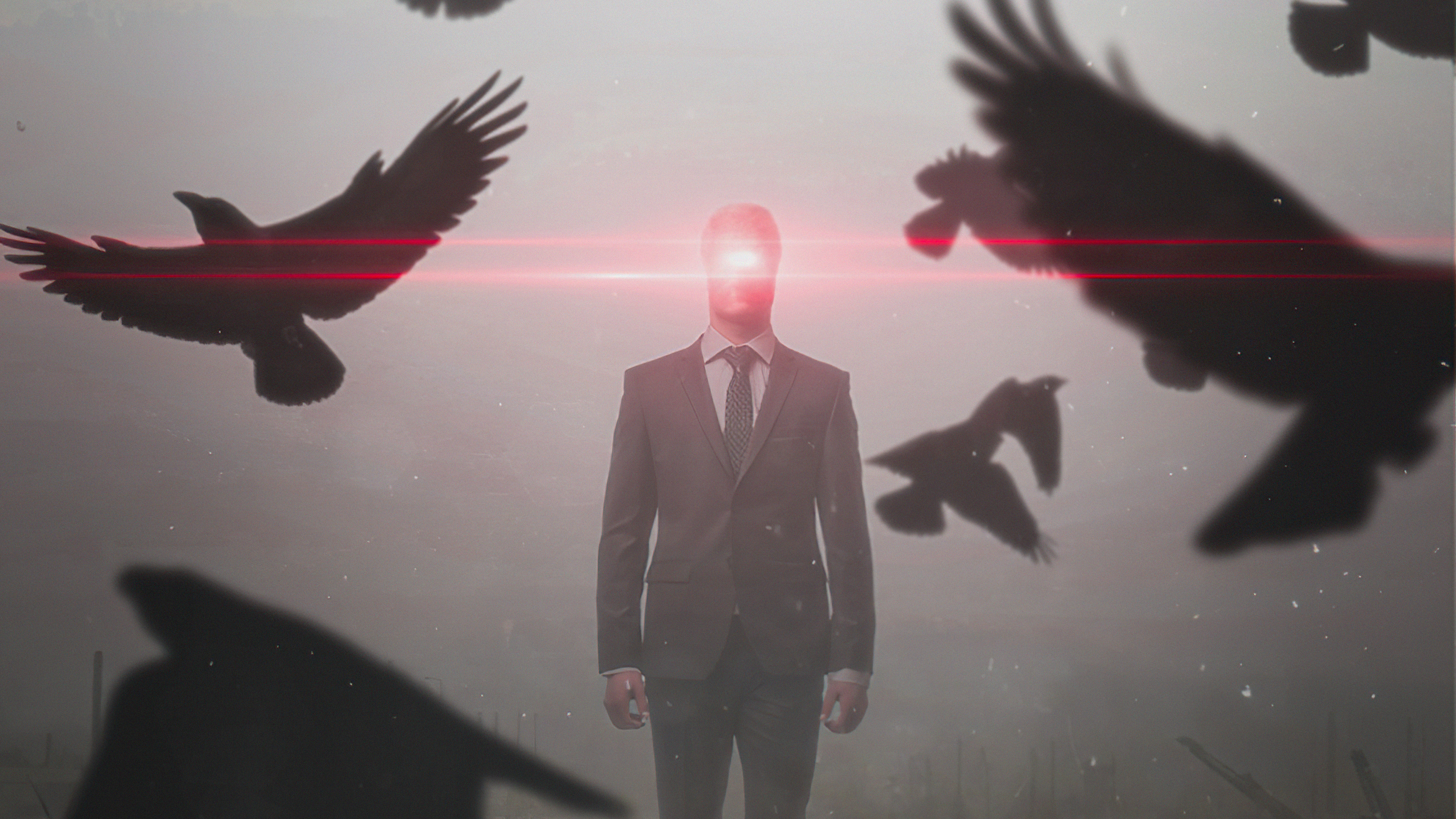 Man in Suit Surrounded by Crows HD Wallpaper