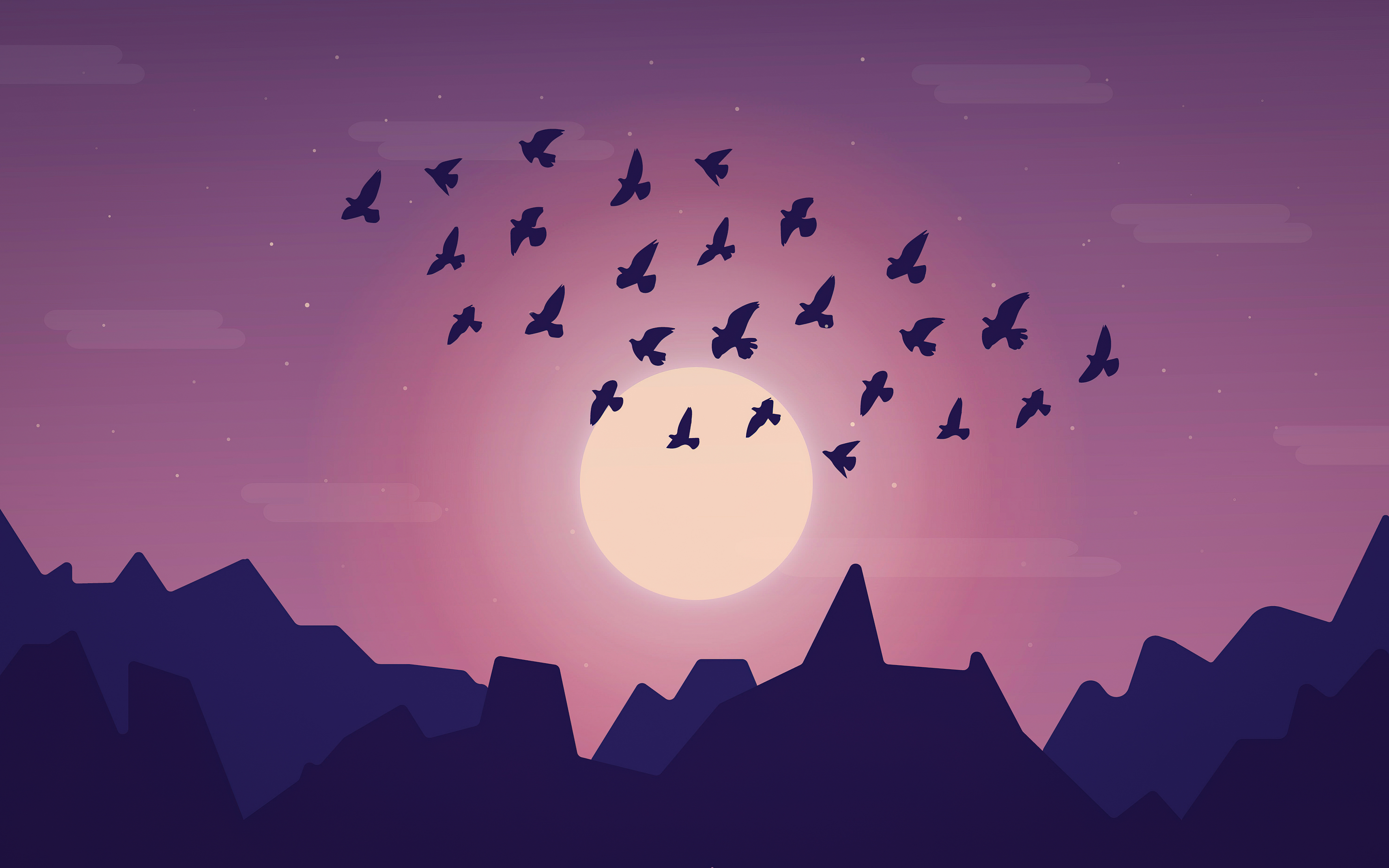 Minimalist flock of birds flying over mountains at sunset HD Wallpaper