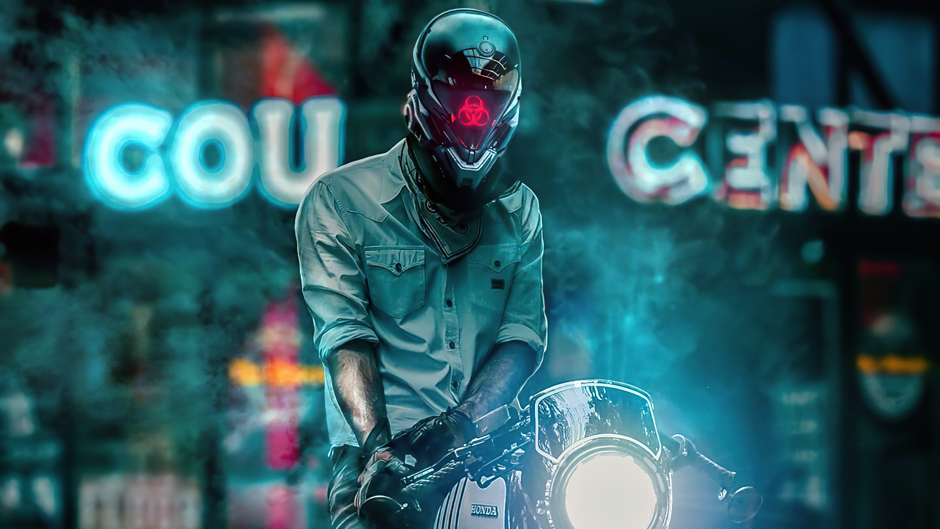 Biker in Sci-fi Helmet with Biohazard Symbol HD Wallpaper