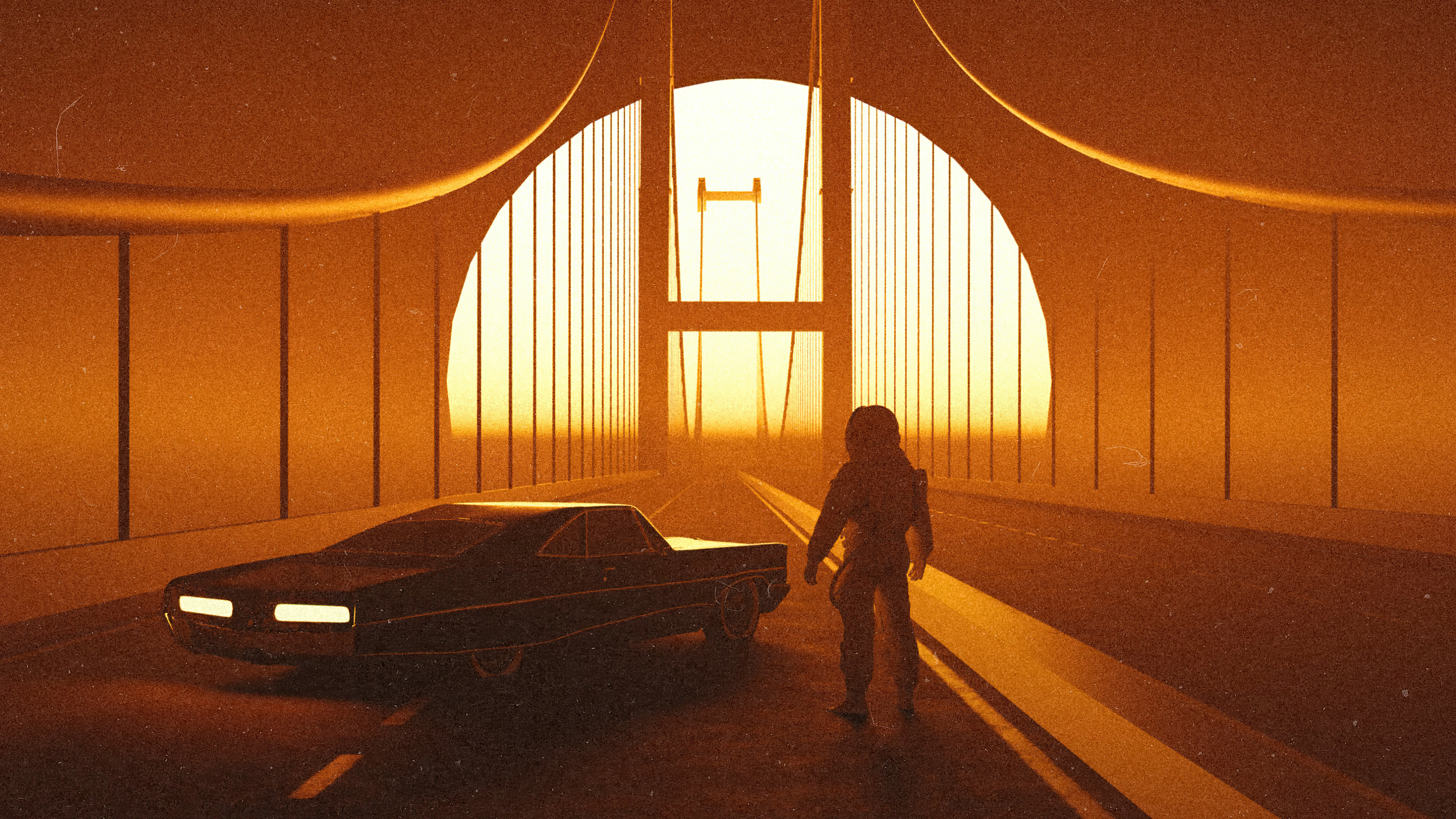 Astronaut and car on a bridge at sunset HD Wallpaper
