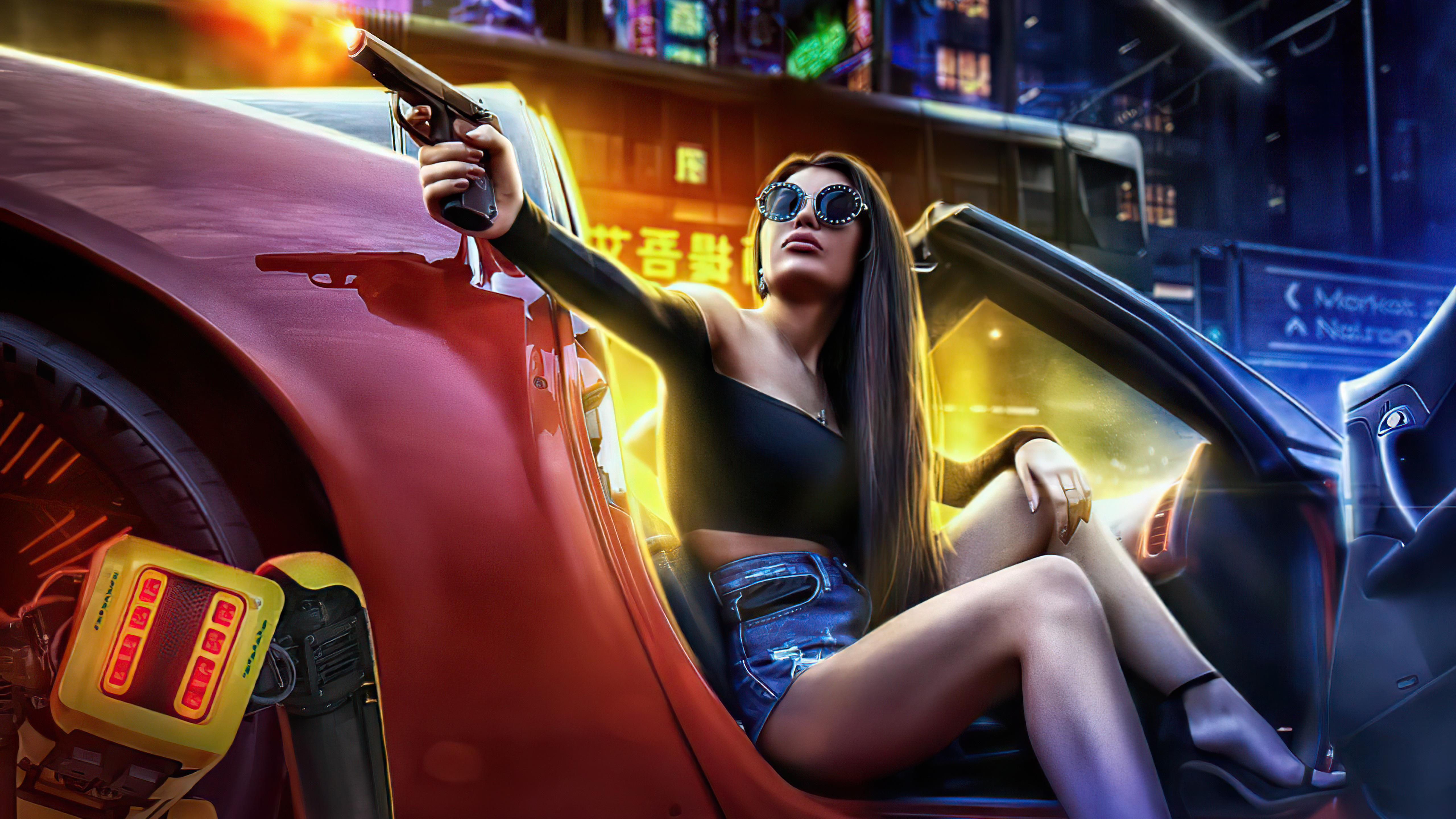 Cyberpunk woman with gun in car HD Wallpaper
