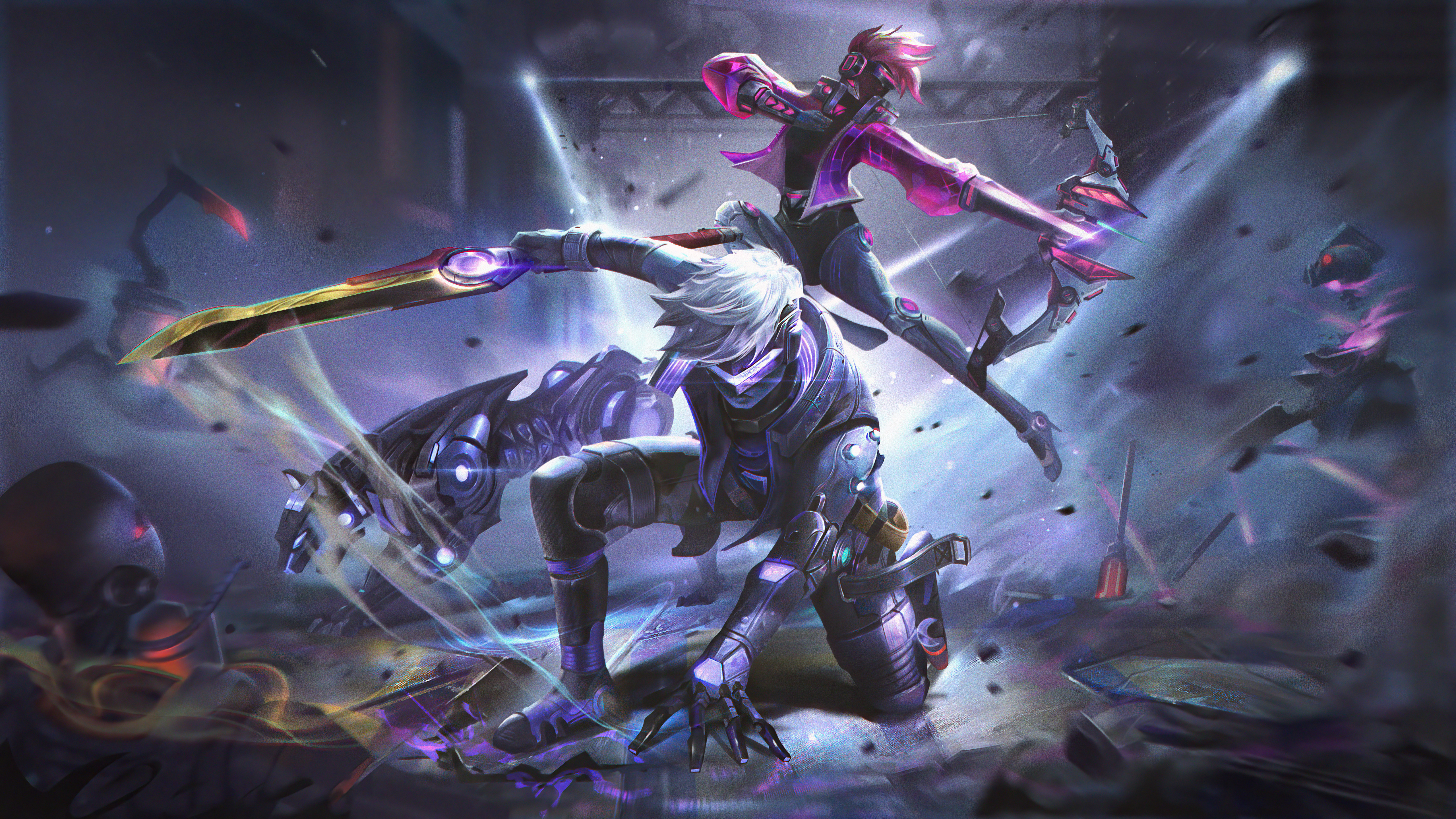 Cyberpunk characters fighting in a dark arena HD Wallpaper