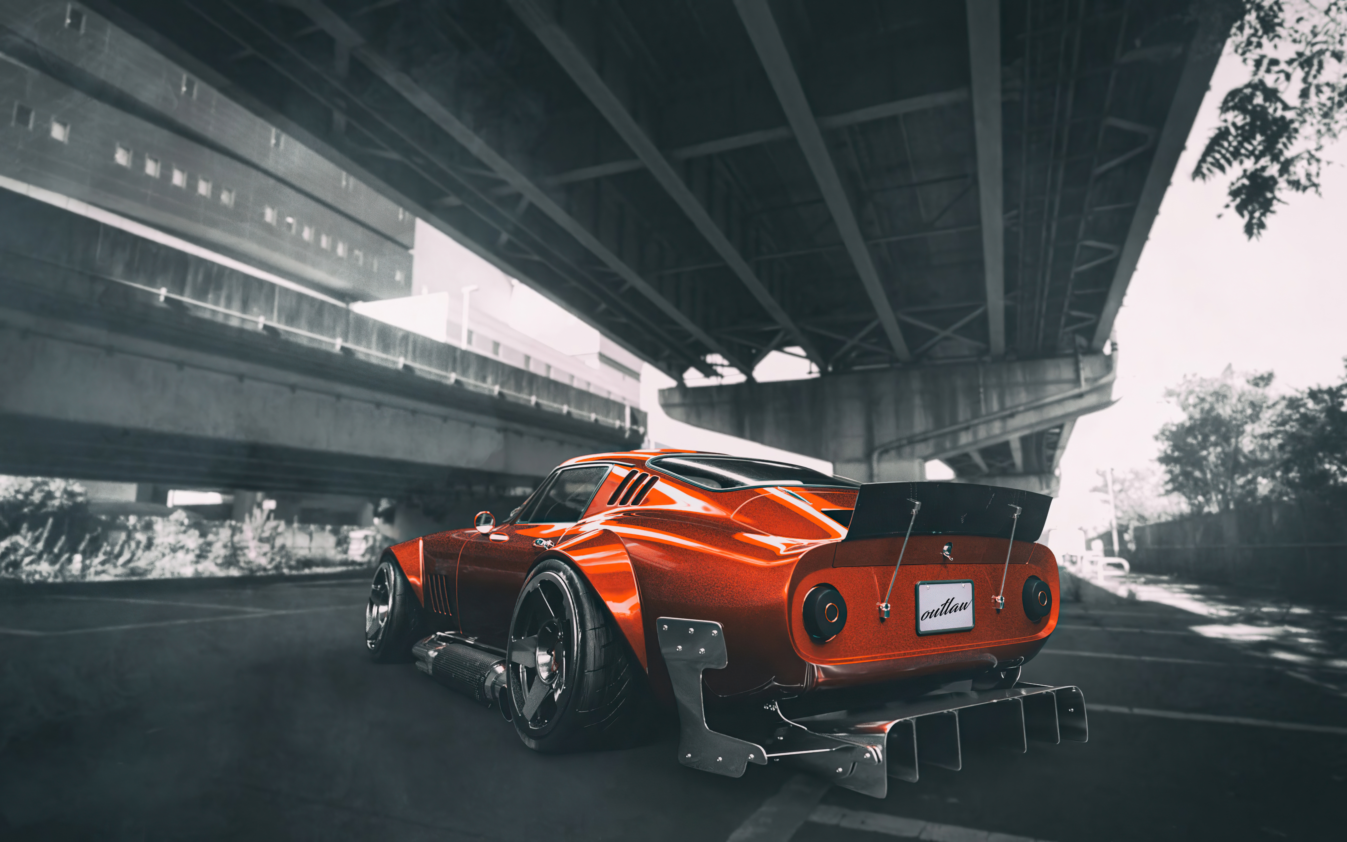 Orange widebody sports car under a bridge HD Wallpaper