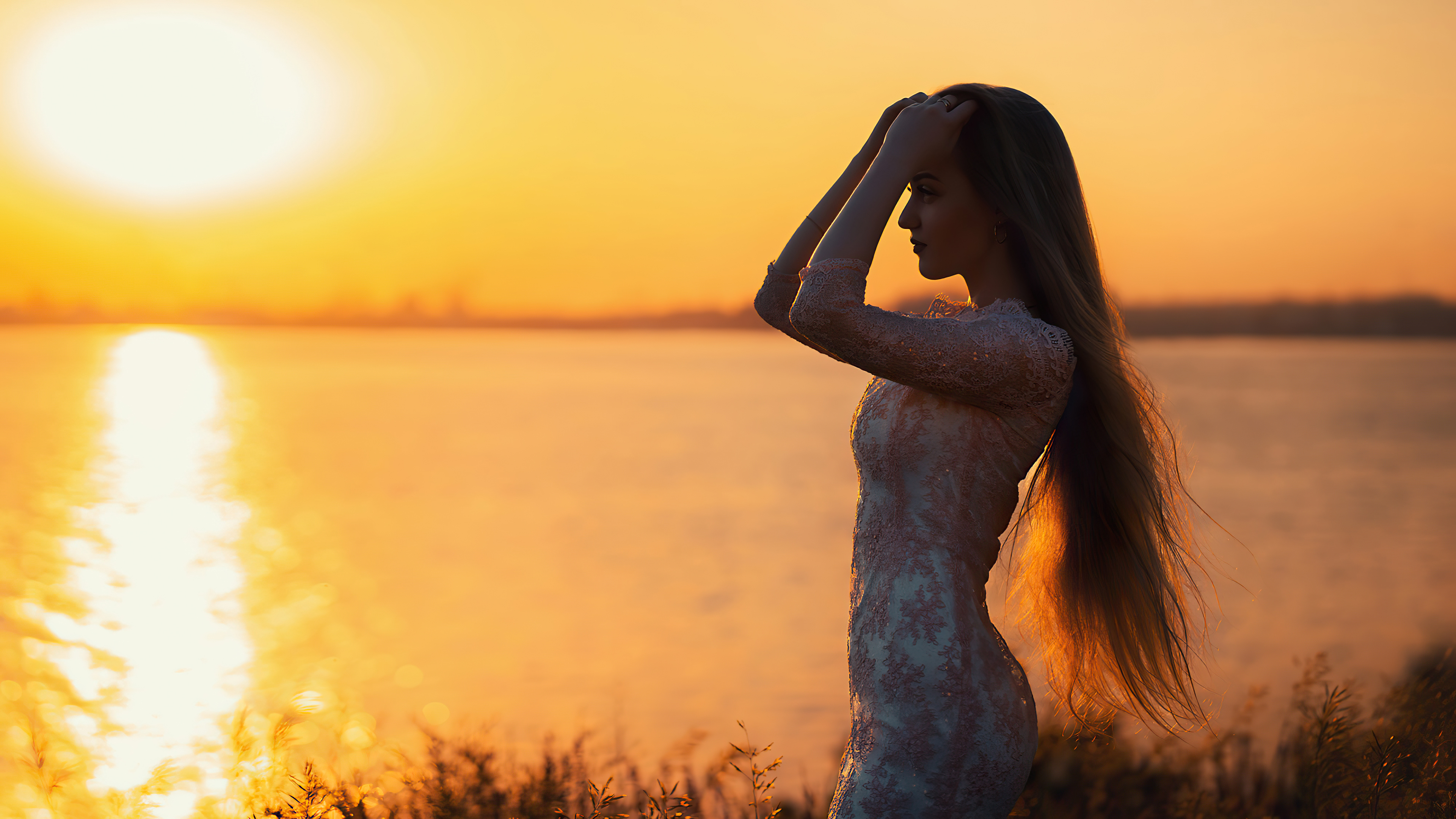 Blonde Model in Lace Dress by Water at Sunset 4K HD Wallpaper