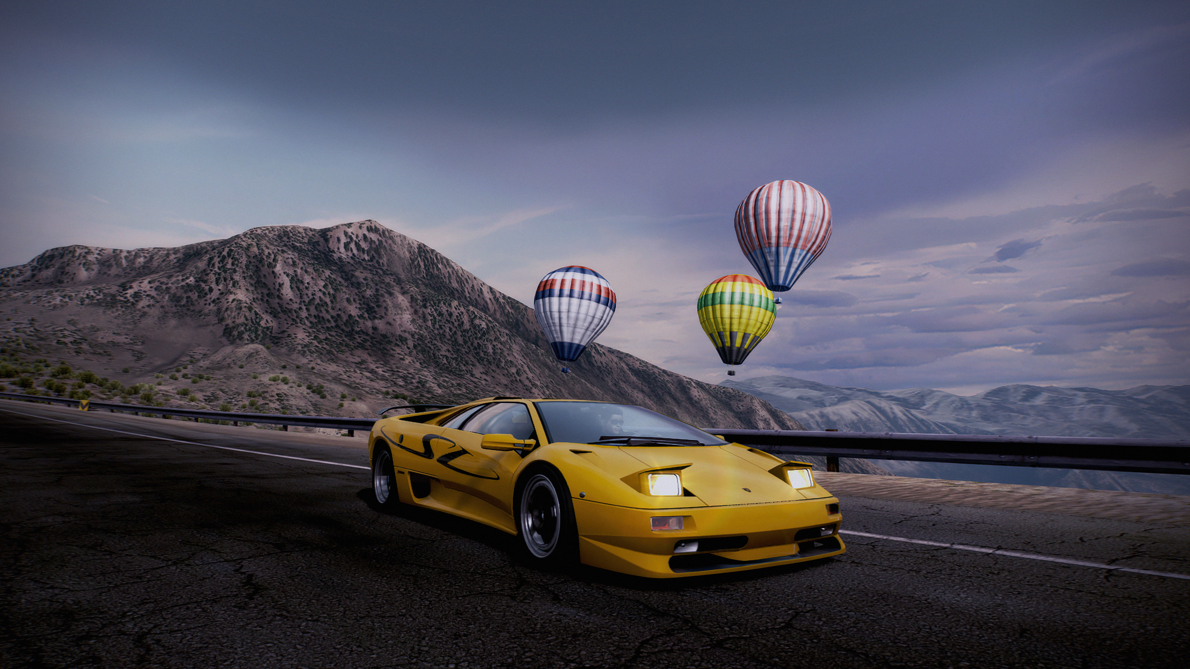 Yellow Lamborghini Diablo with hot air balloons HD Wallpaper