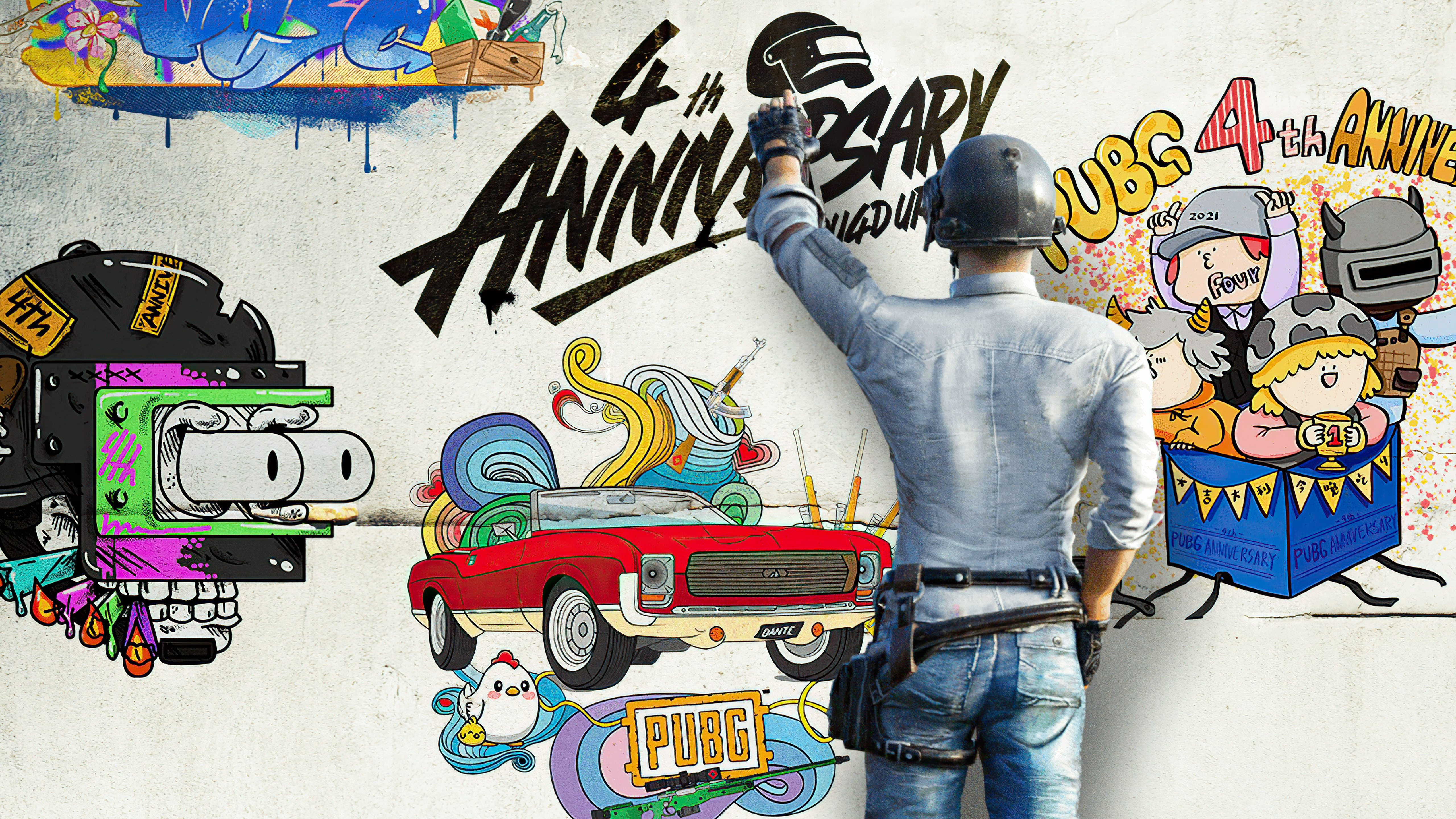 PUBG 4th Anniversary Graffiti Art with Player HD Wallpaper
