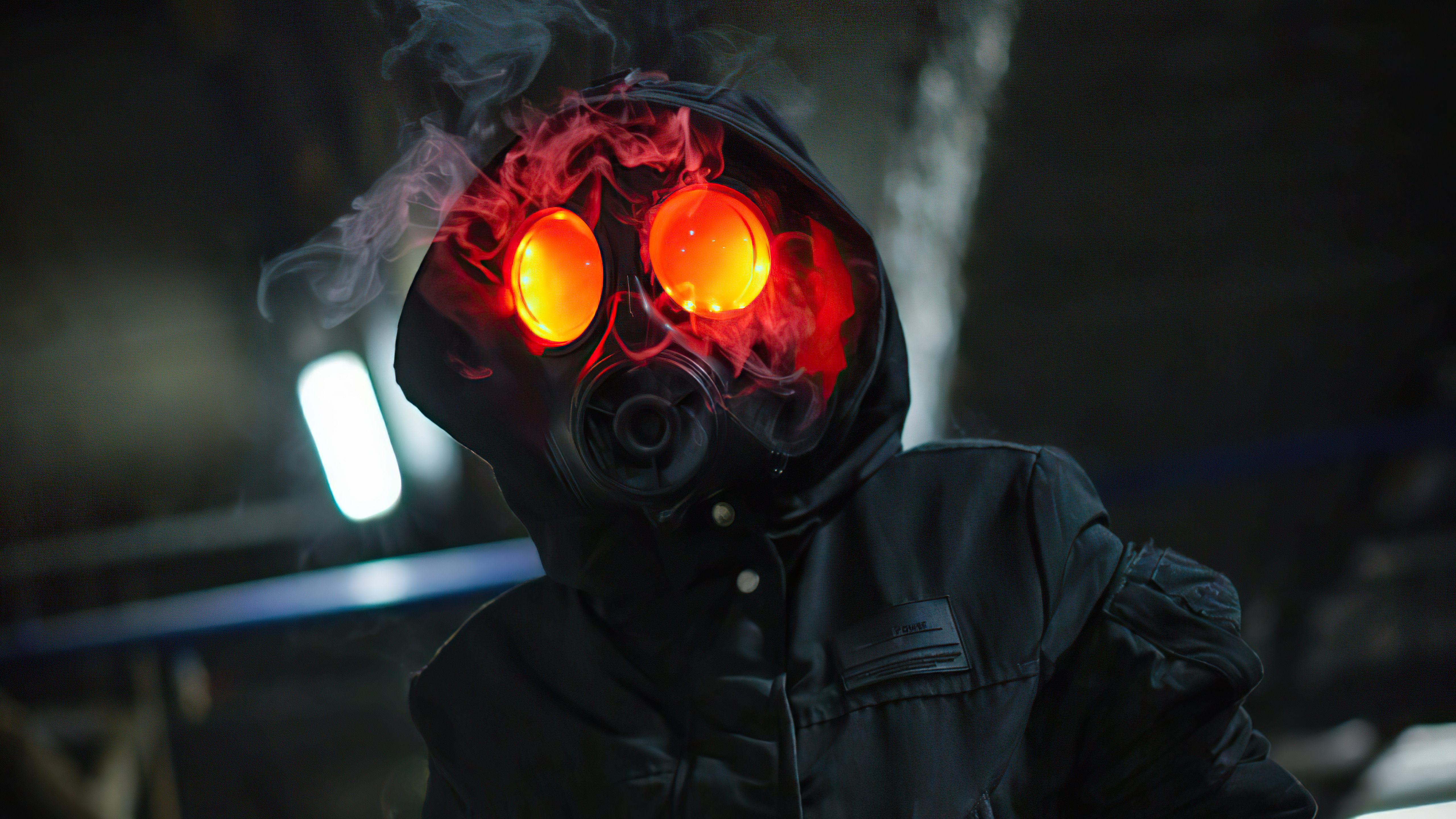 Person in gas mask with glowing red eyes and smoke HD Wallpaper