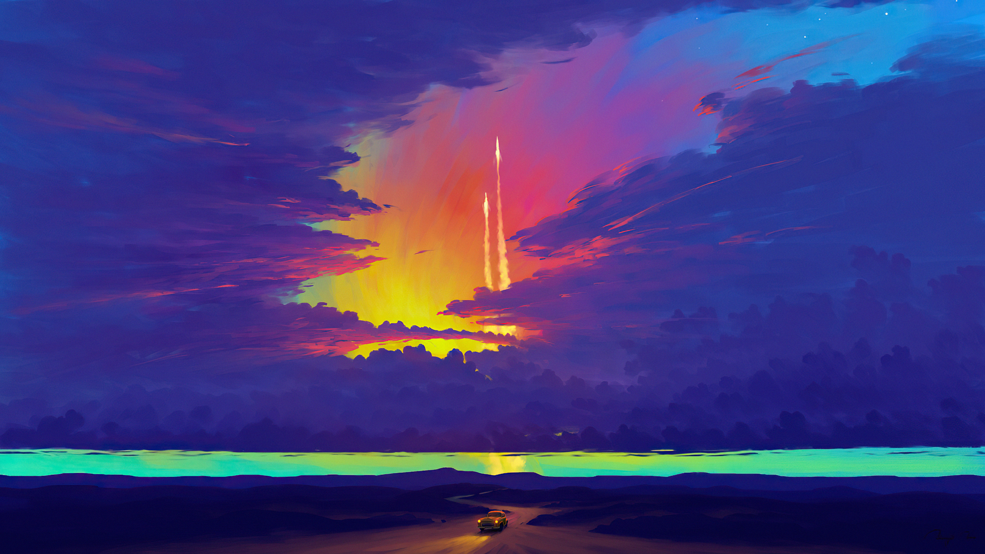Digital Art of Rockets Launching at Sunset HD Wallpaper