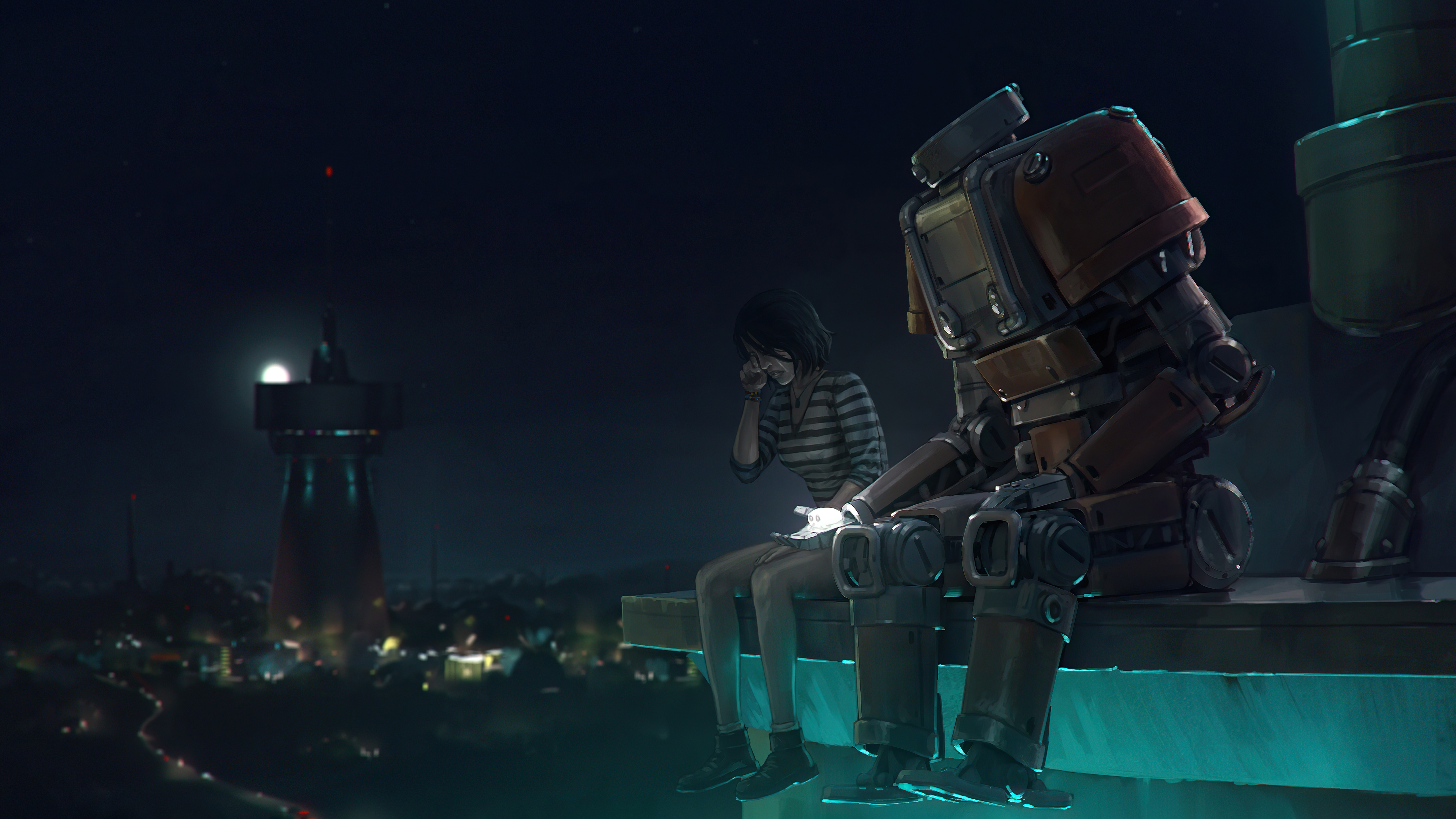Girl and robot sitting on a rooftop at night HD Wallpaper