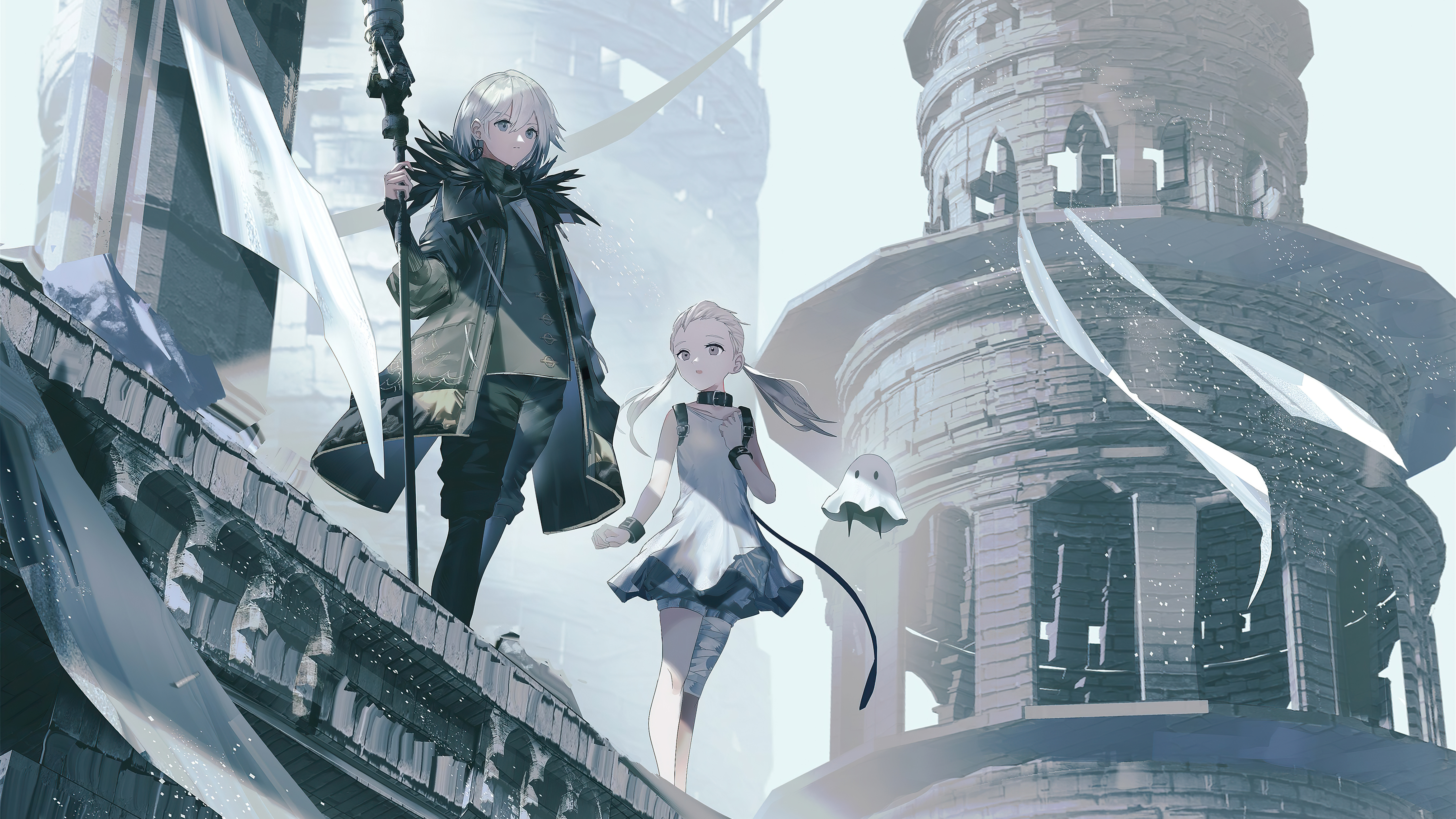 Characters from Nier Reincarnation on a ruined tower HD Wallpaper