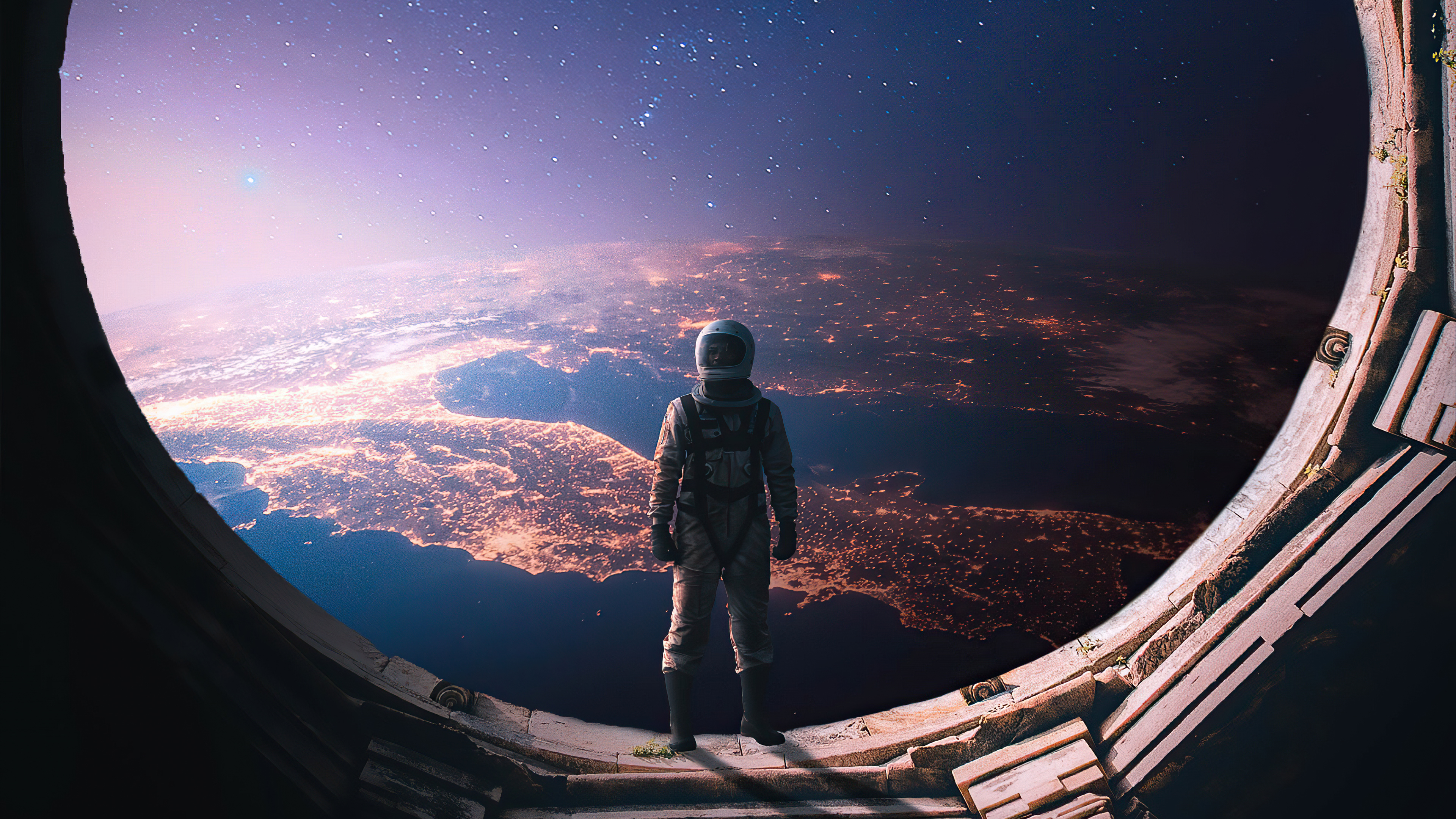 Astronaut looking at Earth from a spaceship window HD Wallpaper