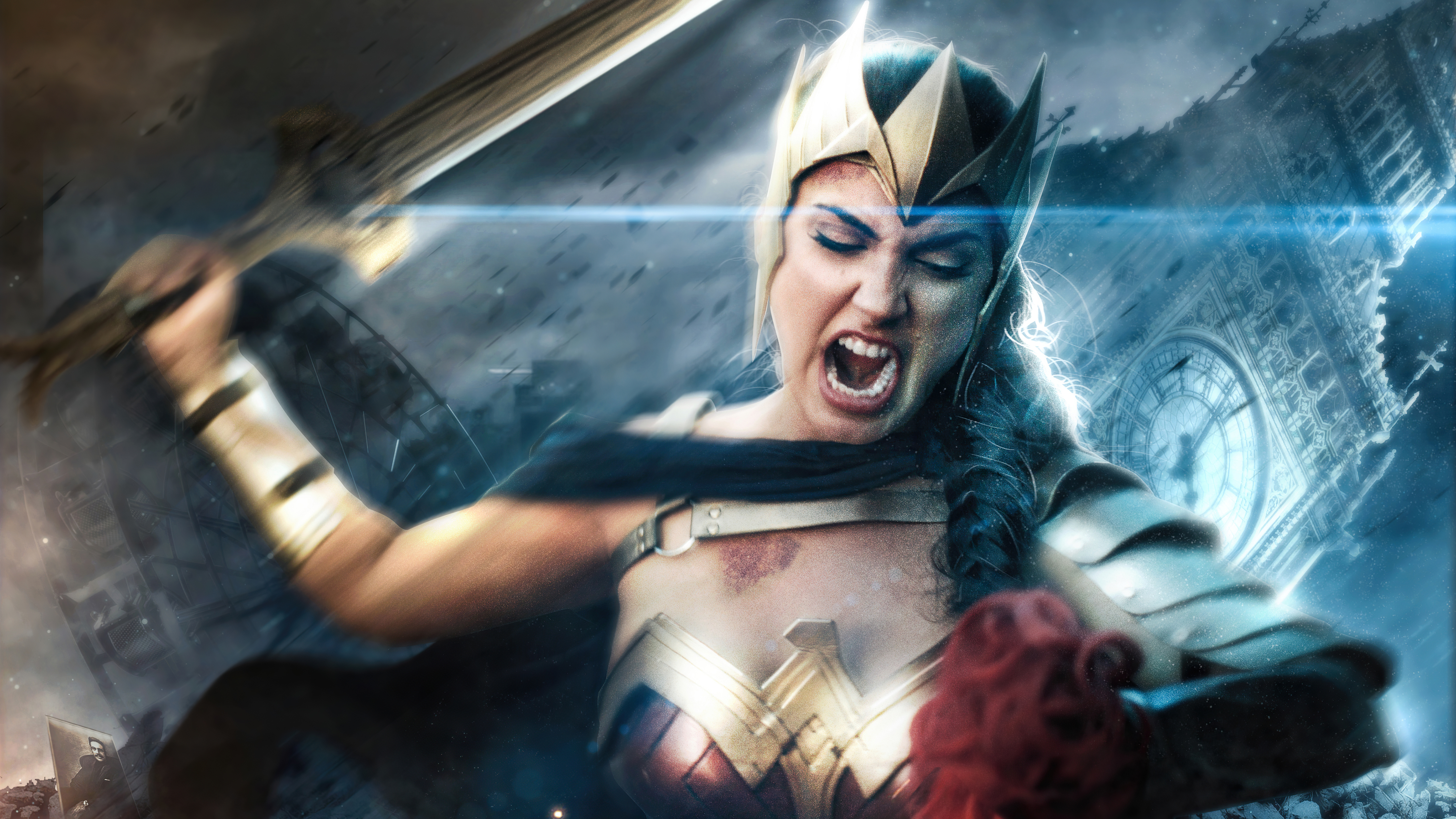 Wonder Woman in battle with Big Ben in background HD Wallpaper