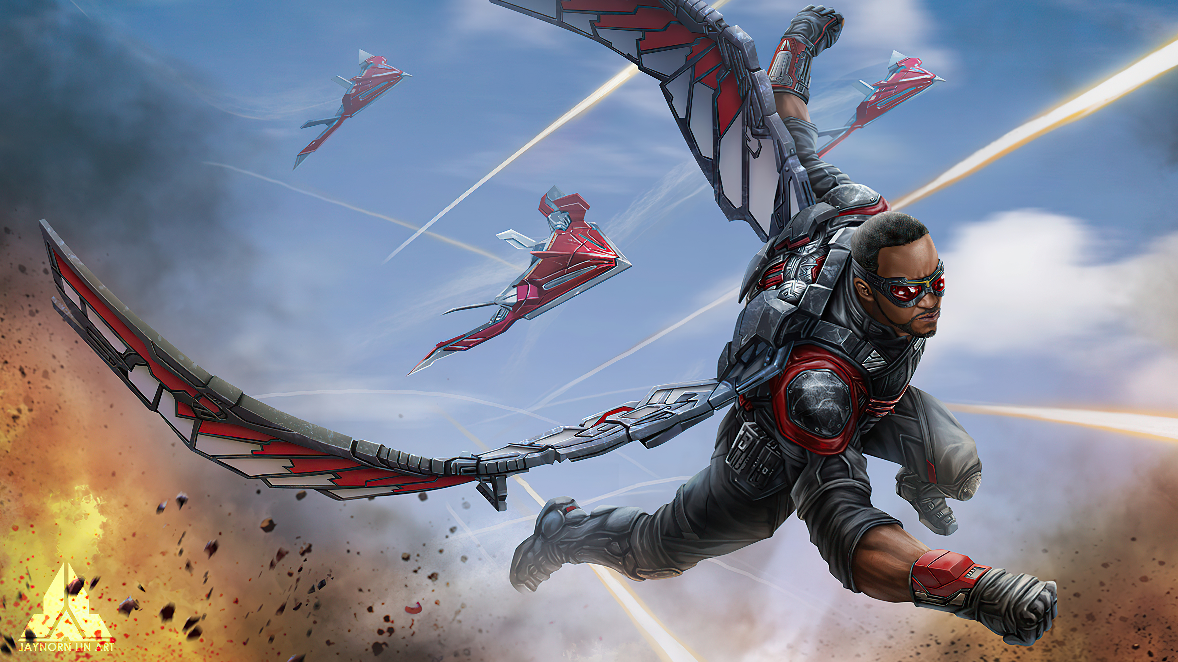 Falcon from Marvel flying with drones HD Wallpaper