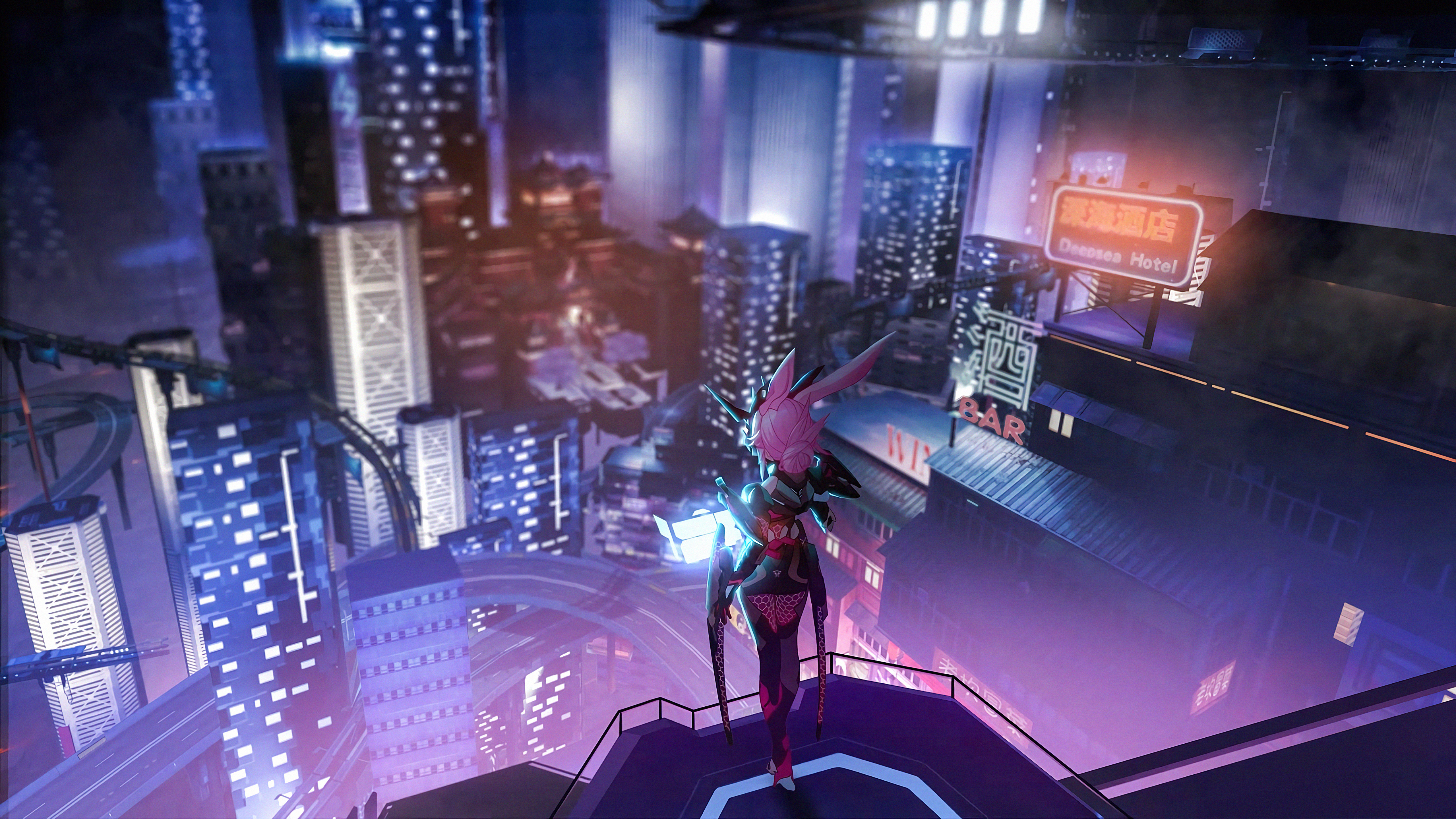 Anime girl with pink hair in a futuristic city HD Wallpaper