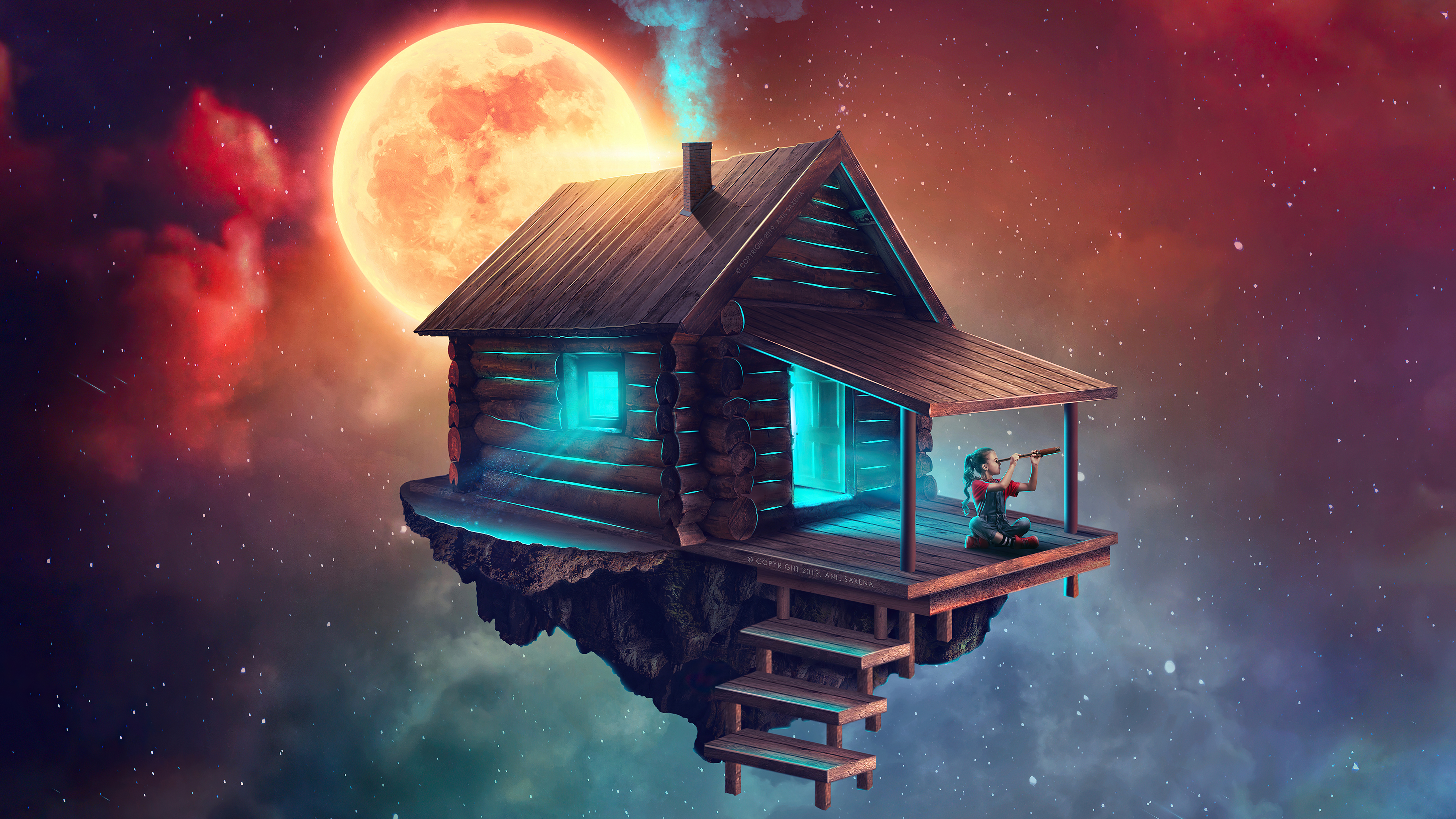 Floating Cabin Under a Large Orange Moon HD Wallpaper