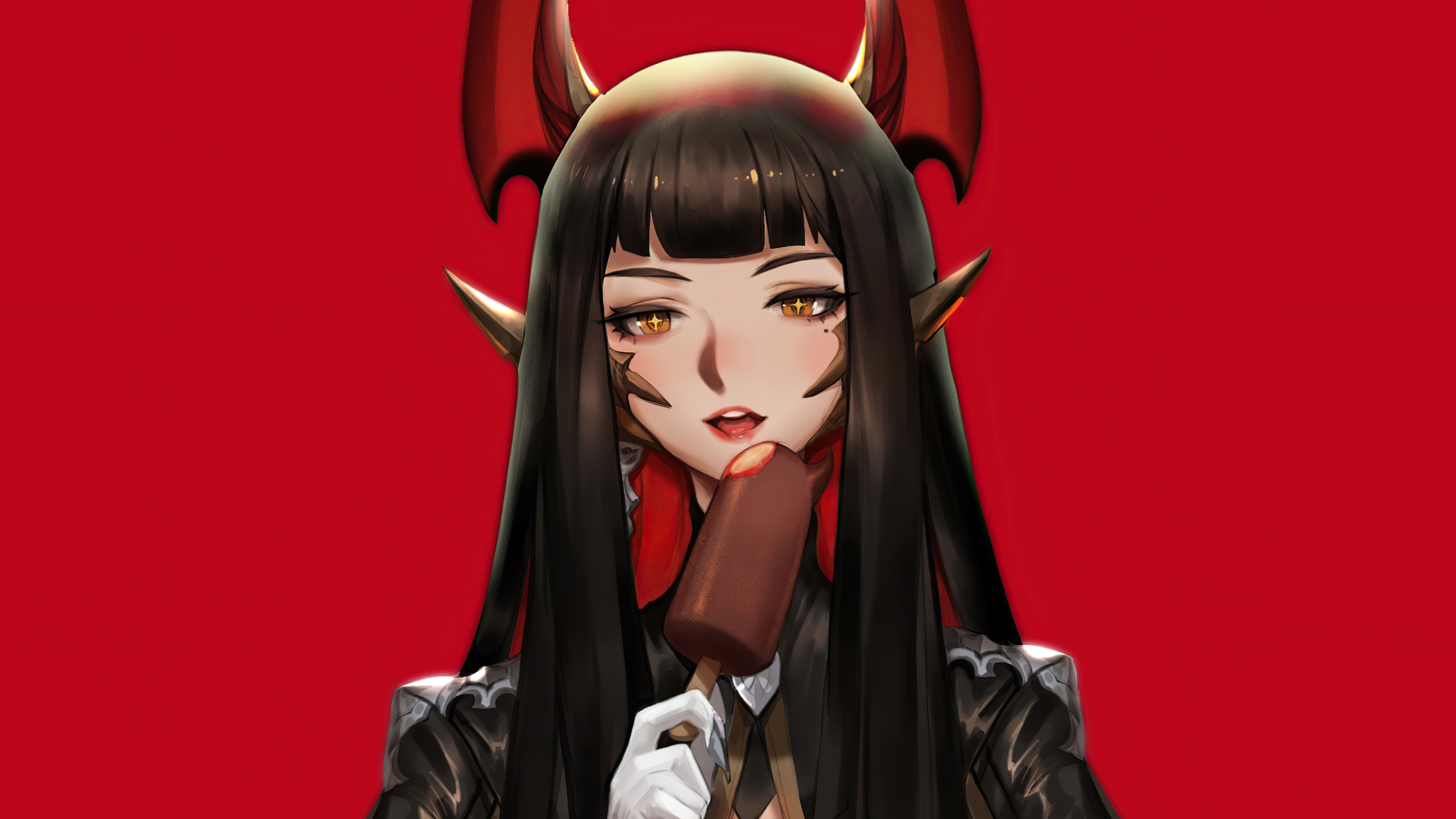 Anime girl with horns eating popsicle HD Wallpaper