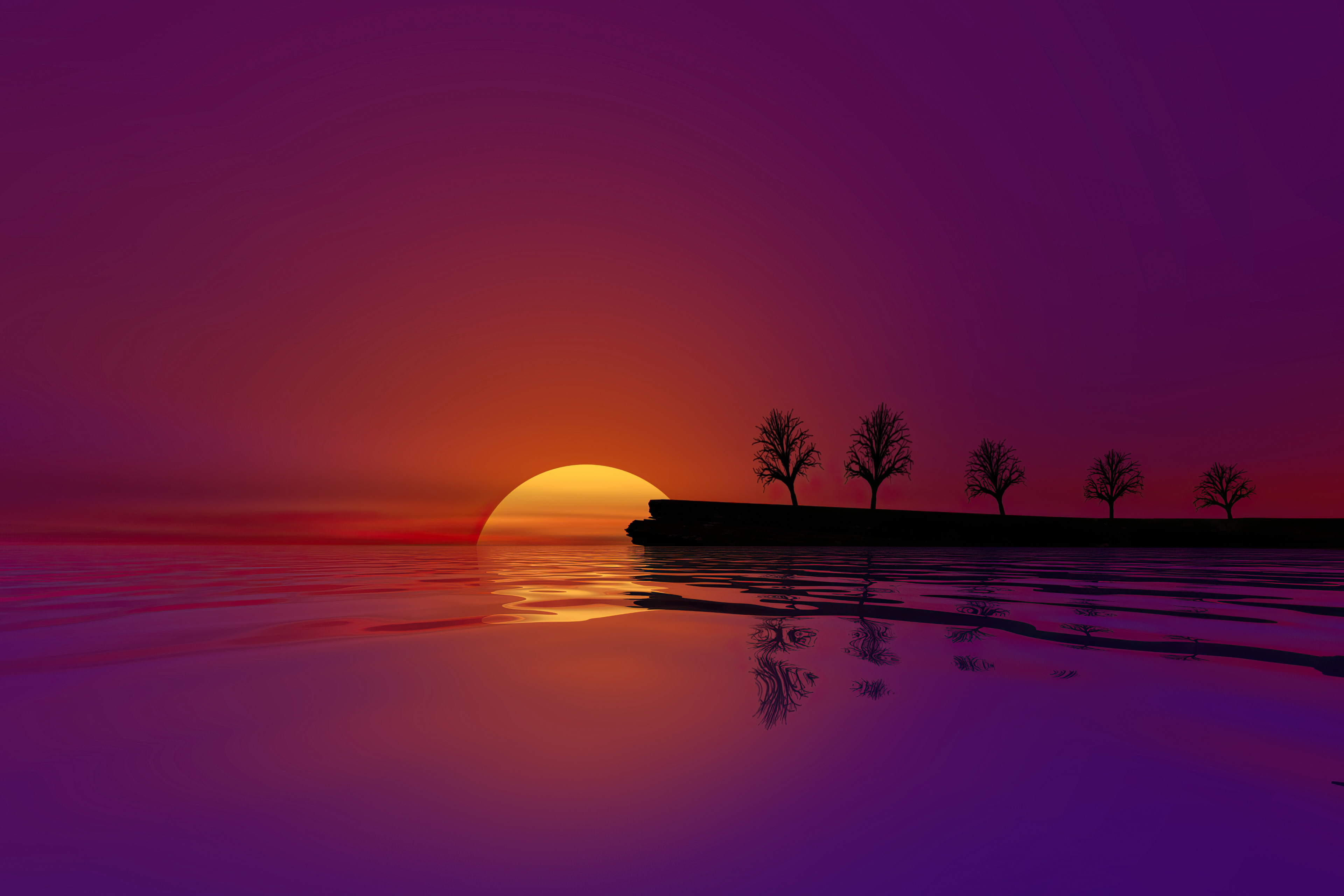 Minimalist sunset over water with trees HD Wallpaper