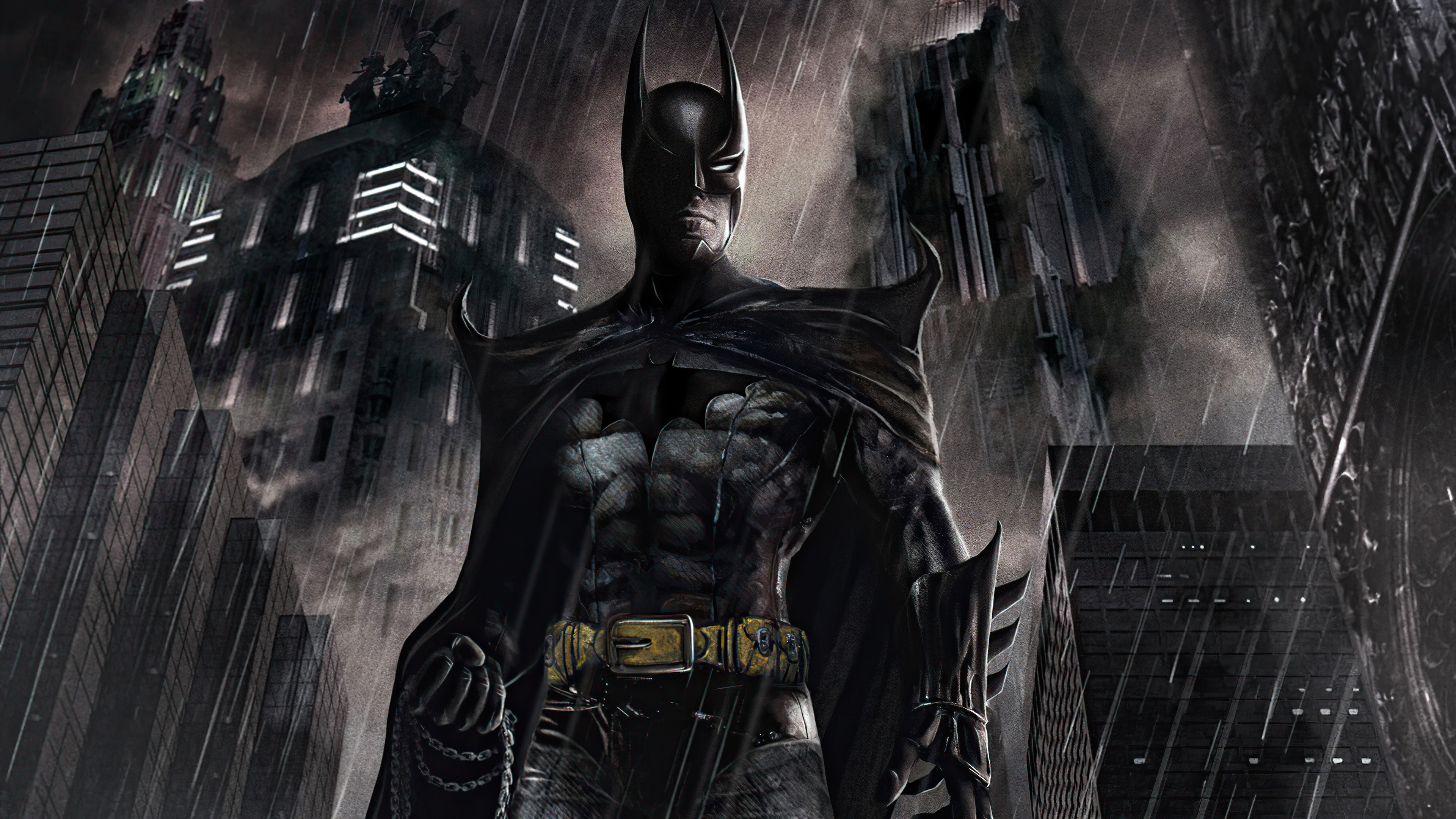 Batman in a rainy Gotham City HD Wallpaper