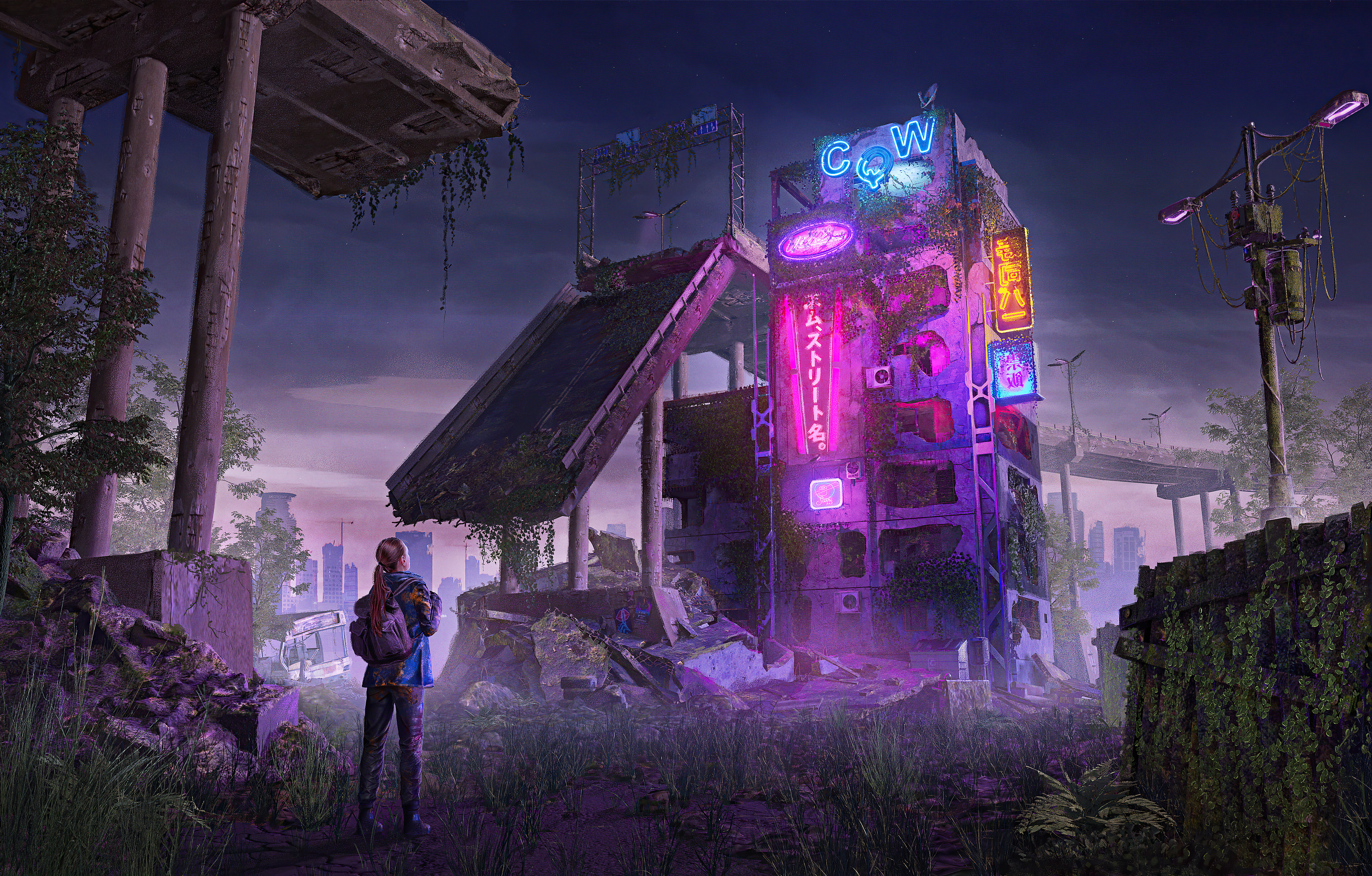 Post-apocalyptic city with neon signs and a lone figure HD Wallpaper