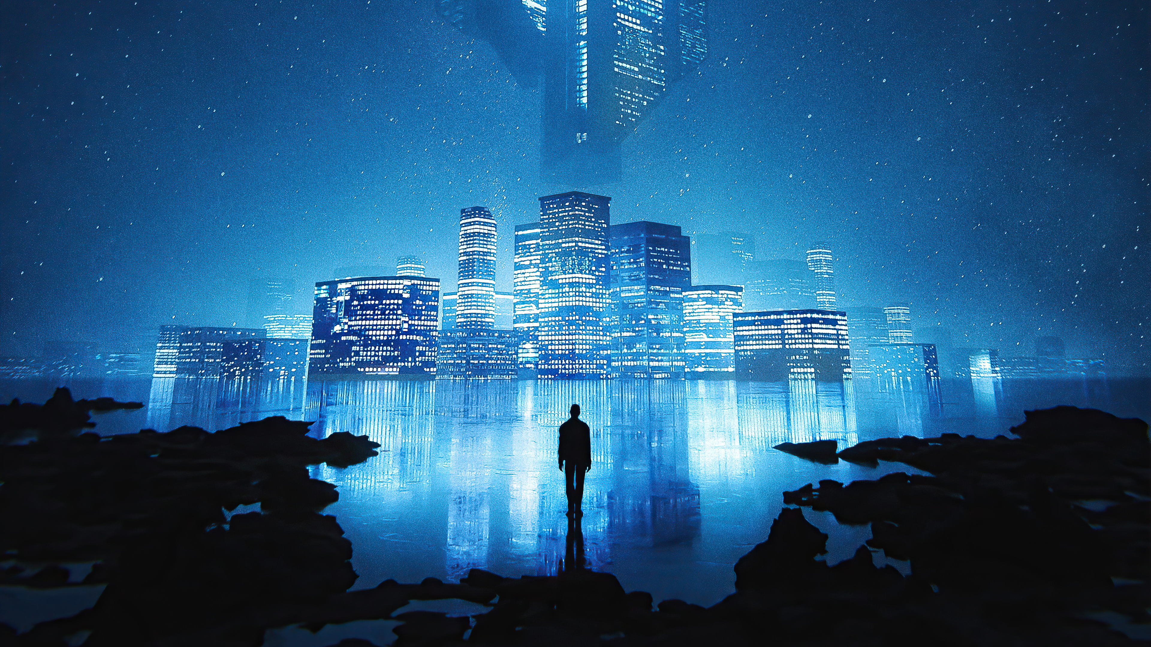 Sci-fi cityscape with a lone figure HD Wallpaper