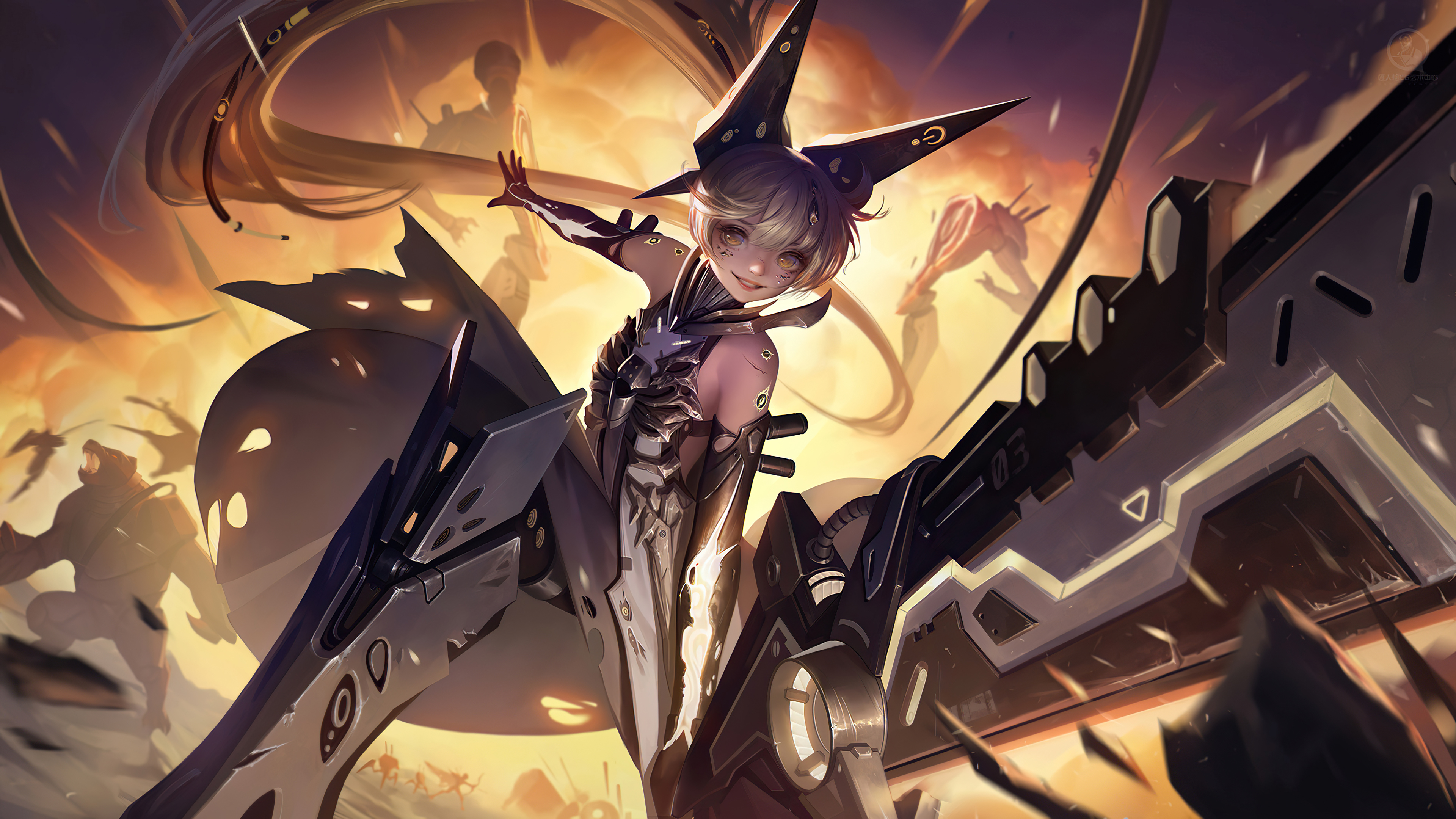 Girl with mechanical weapon in battle HD Wallpaper