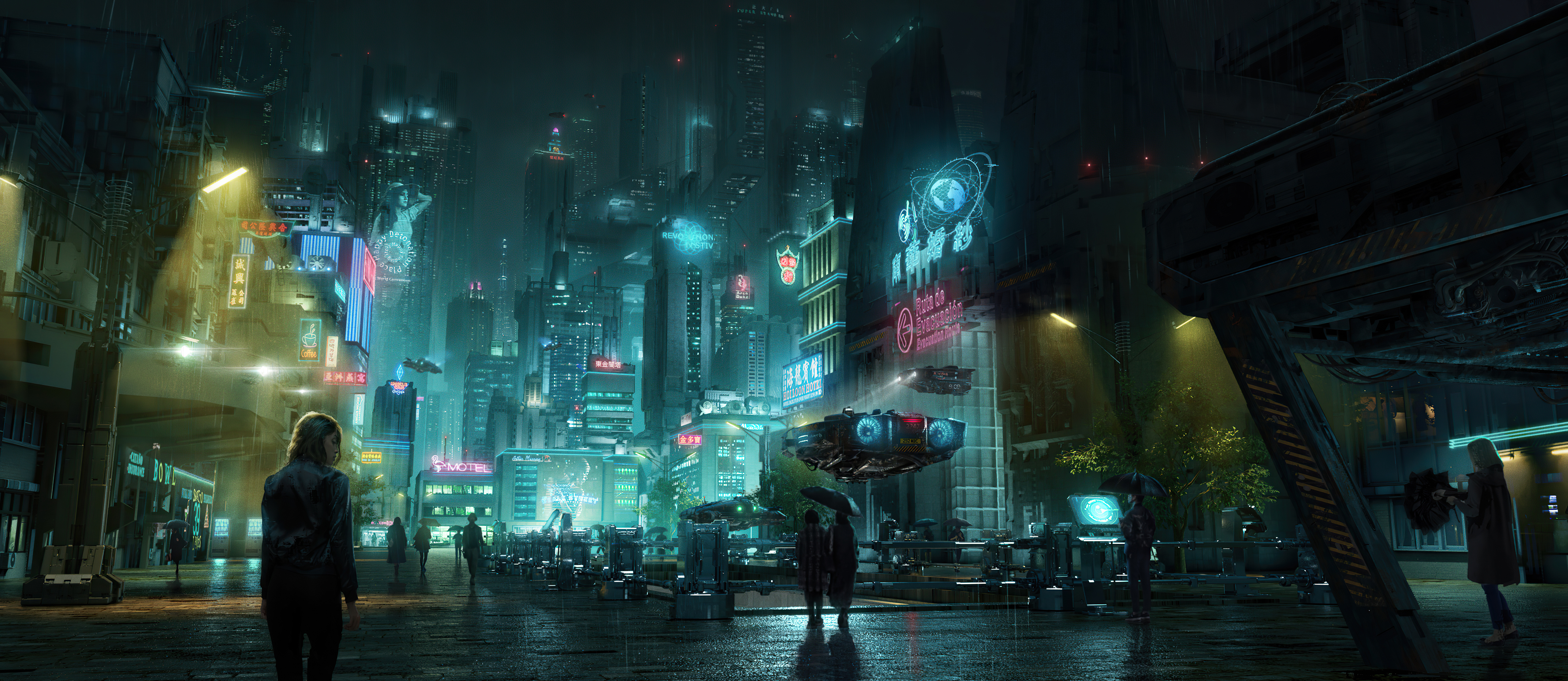 Sci-fi city street at night with flying vehicles HD Wallpaper