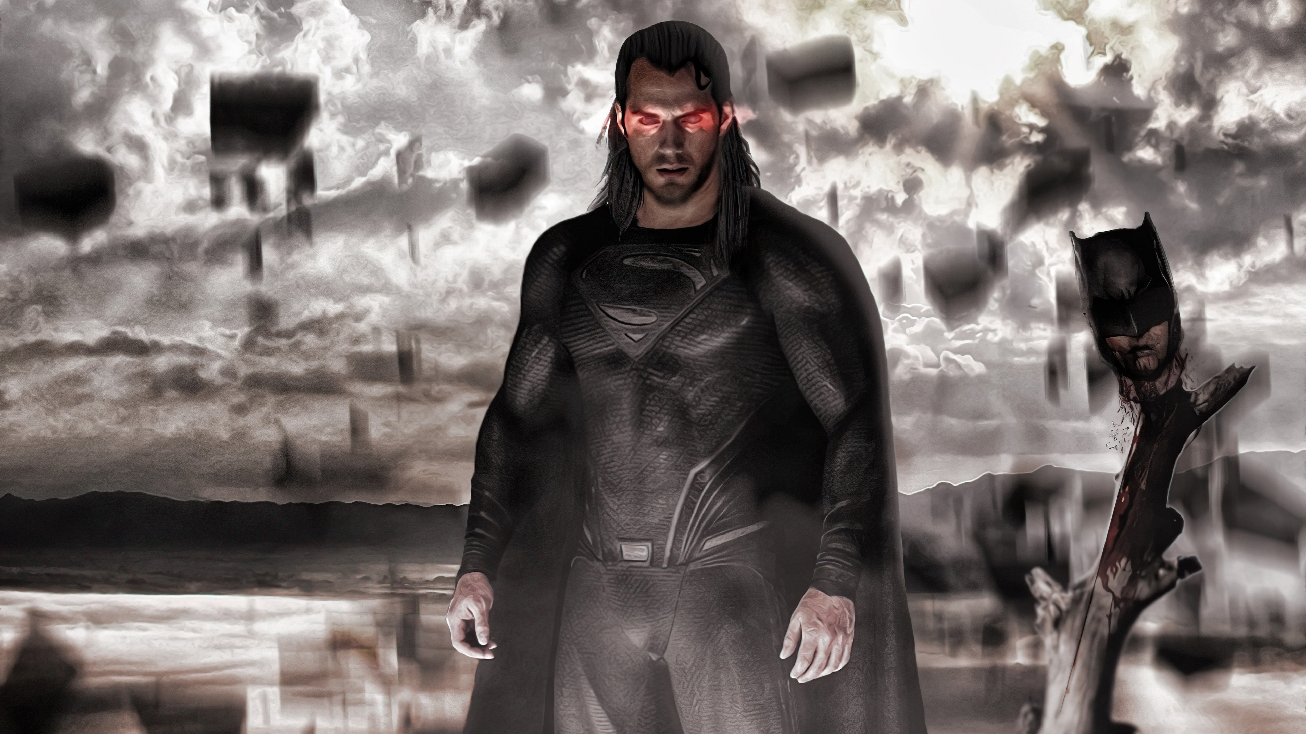 Superman from DC Comics with red eyes and black suit HD Wallpaper