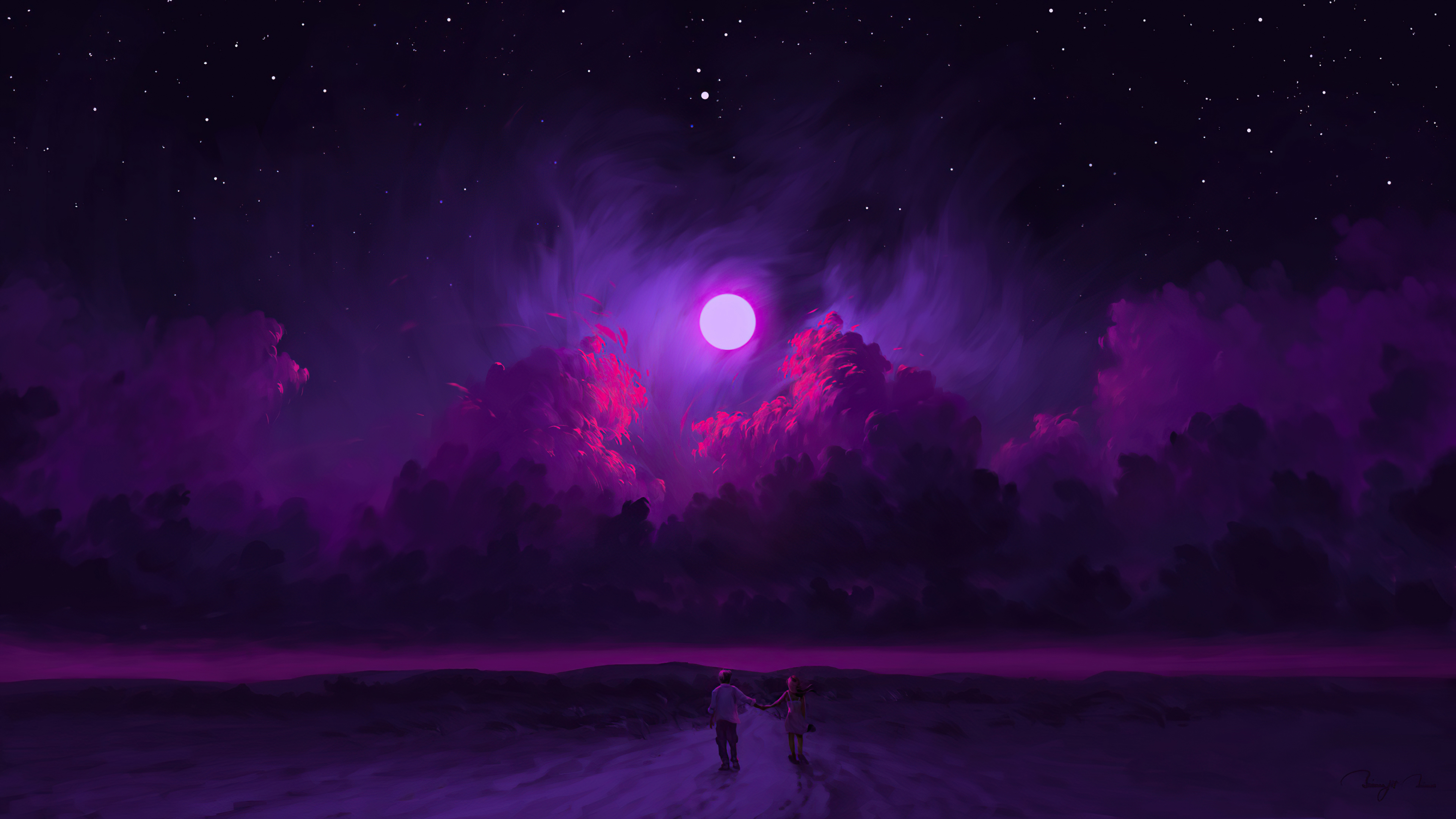 Couple holding hands under a purple moon HD Wallpaper